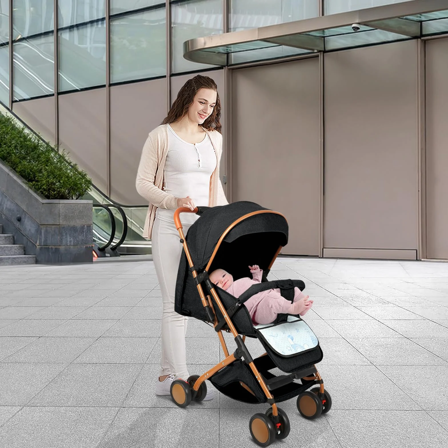 Homewell Passeggino Pieghevole per Bambini 0-6 Anni, Sdraiati Piatti, Pieghevole Una Mano, Cintura Sicurezza, Tettuccio Parasole (Nero)