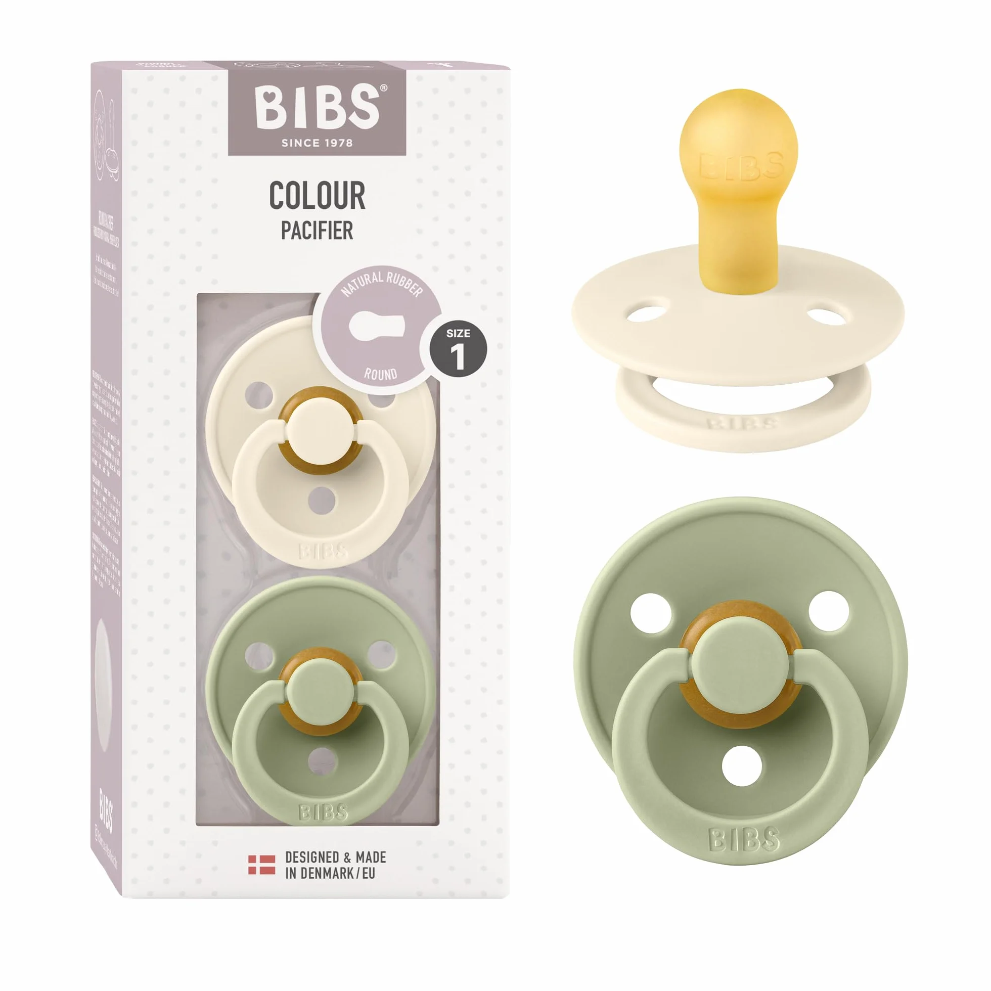 BIBS Colour Ciuccio 2 Pezzi Privo di BPA Tettarella Tonda Lattice Gomma Naturale Misura 1 (0-6 mesi) Ivory/Sage