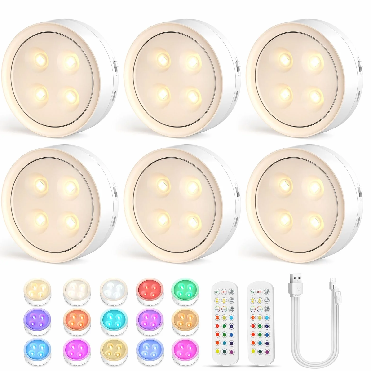 Onumii Luce Sottopensile Cucina LED Ricaricabile Batteria Luci con Telecomando Senza Fili Lampada con Magnete Cangiante di Colore per Vetrina Armadio Scaffali (6pcs Bianco)