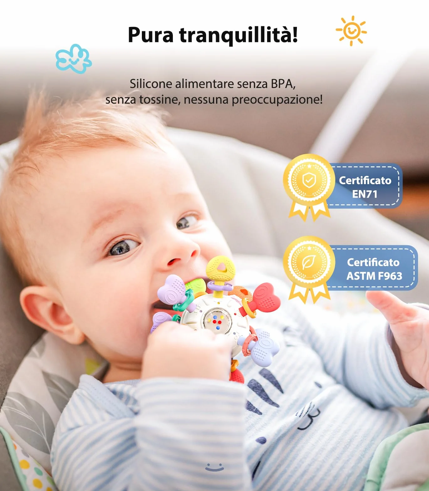 Infinno Sonaglio Dentizione Neonato 0-12 Mesi, Gioco Sensoriale Montessori in Silicone Alimentare