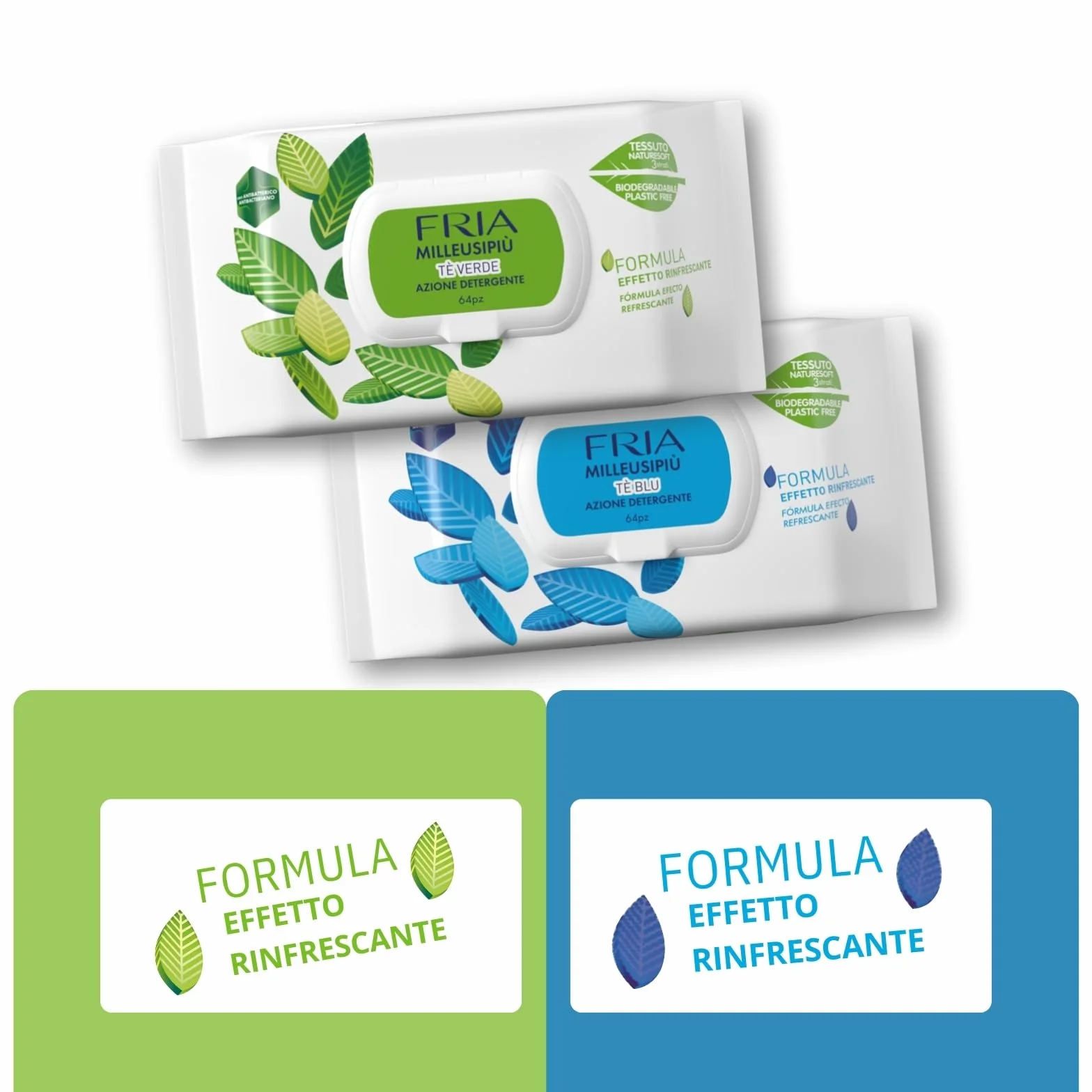 MilleusiPiù Tè Verde & Tè Blu Salviette Multiuso Rinfrescanti Antibatterico Tessuto Fibrasoft 3 Strati Biodegradabile 64 Salviette