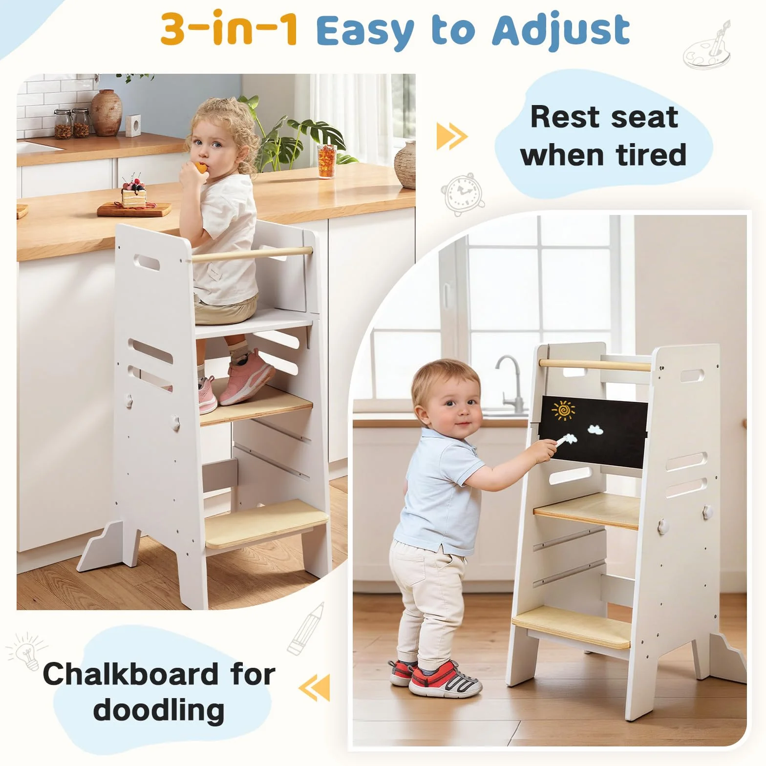 Labebe Learning Tower 3 in 1 con Lavagna e Seduta, Torre Montessori Regolabile in 3 Altezze, Legno