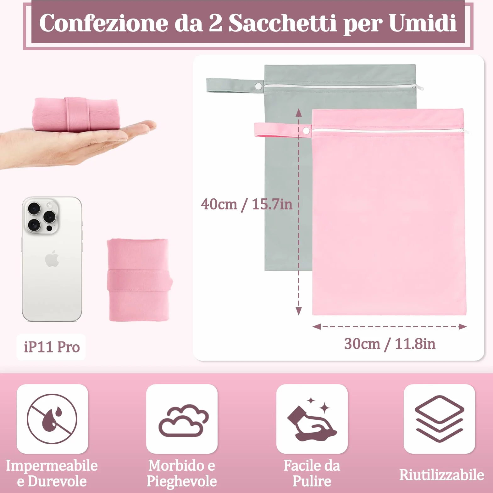 Sacca Impermeabile Wet Bag 40x30 cm Porta Pannolini Salviette Zip Manico Riutilizzabile Pieghevole 2 Pezzi