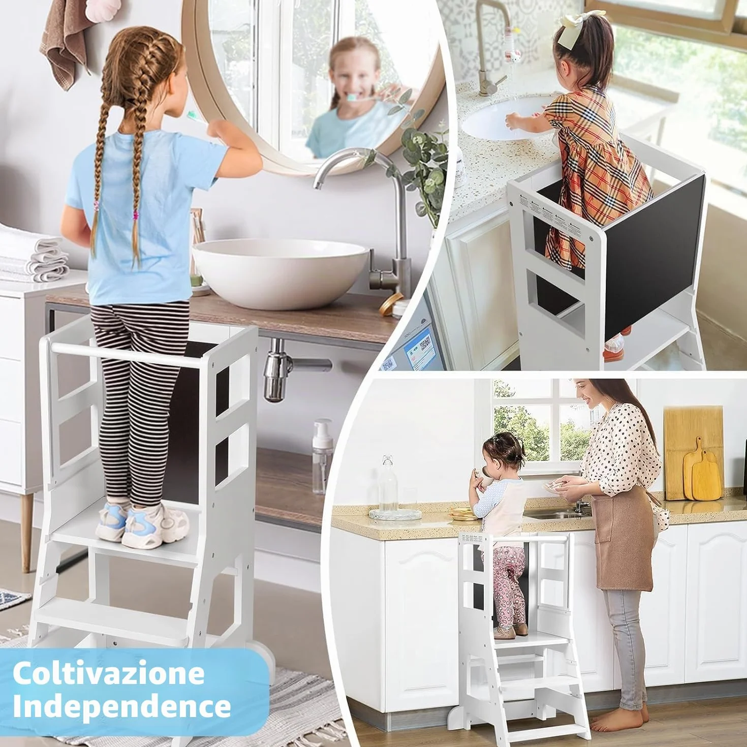 Torre Montessoriana Bambini 3 Livelli Regolabili Altezza Lavagna Magnetica Rimovibile Bianco