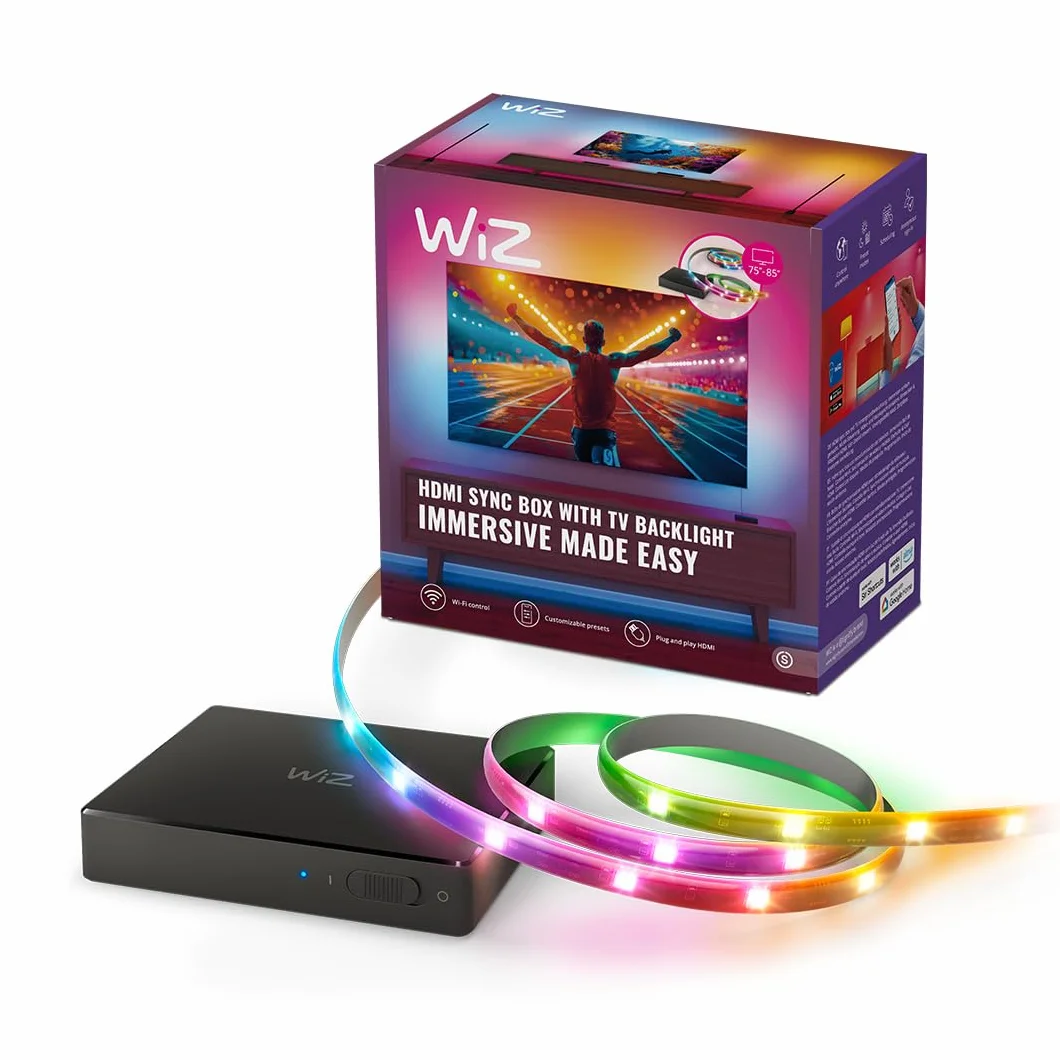 WiZ HDMI Sync Box con retroilluminazione TV, sincronizza la luce con film, giochi e musica, HDMI 2.0, Striscia LED RGBIC per TV da 75-85 pollici, controllo con App, compatibile con Google e Alexa