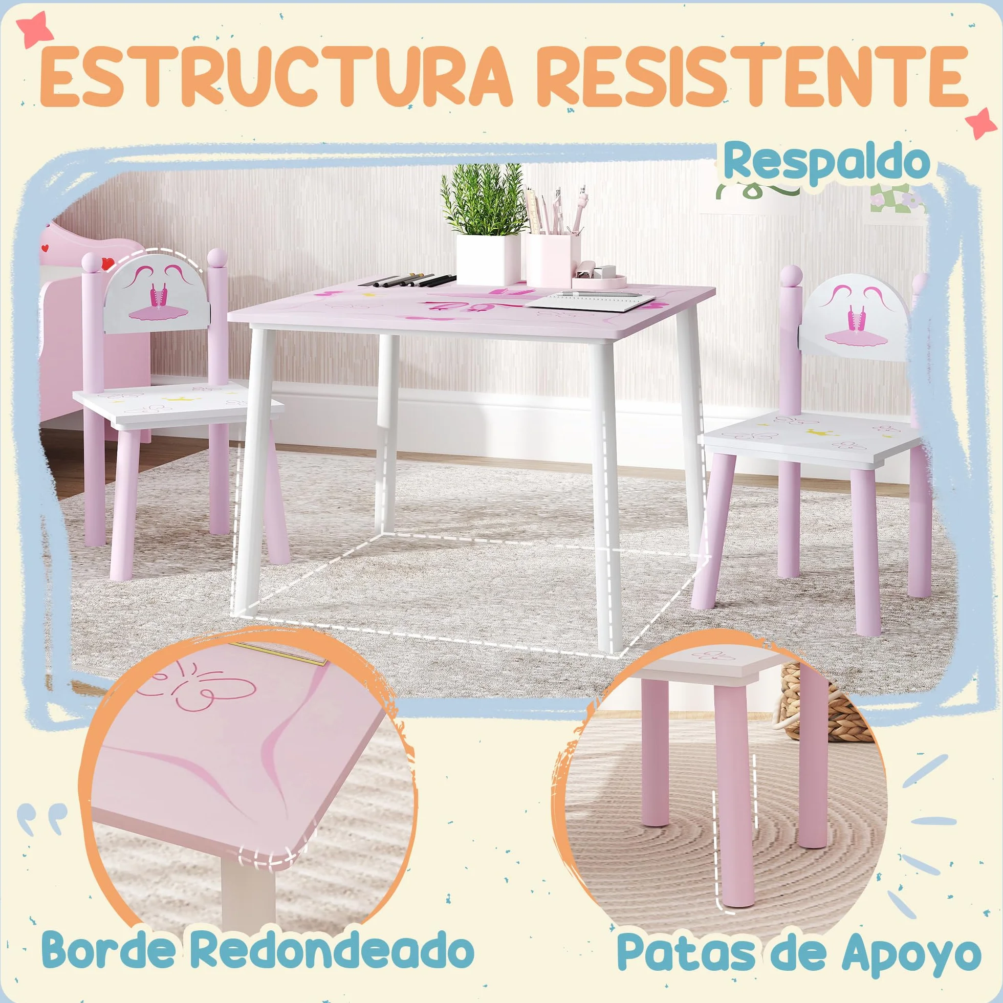 AIYAPLAY Tavolo e sedie per bambini 3 pezzi stile principessa Rosa e bianco