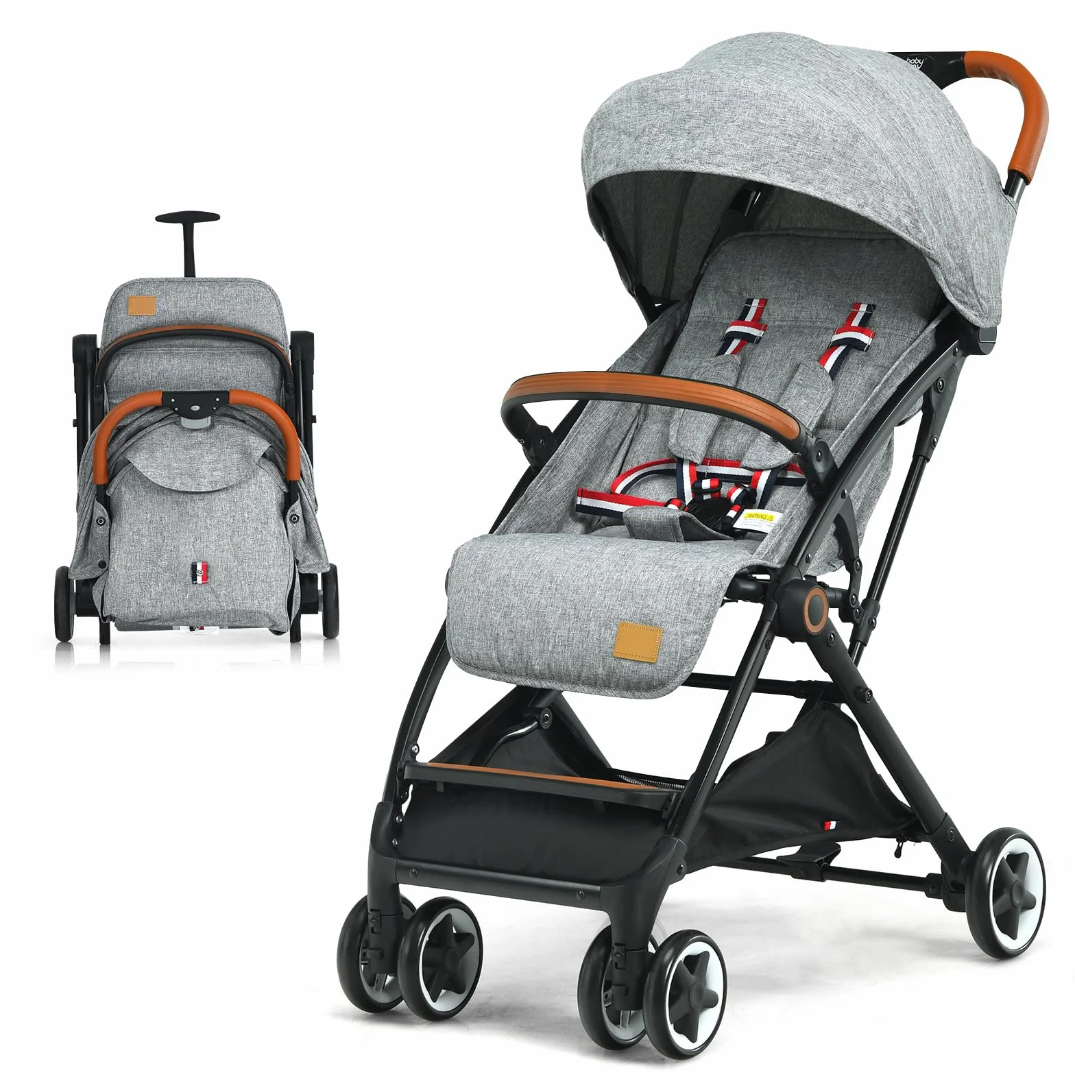 Costway Passeggino Leggero per Bambini 0-3 Anni fino 15 kg, Schienale e Poggiapiedi Regolabili, Cappottina e Zanzariera, Compatto Pieghevole Grigio