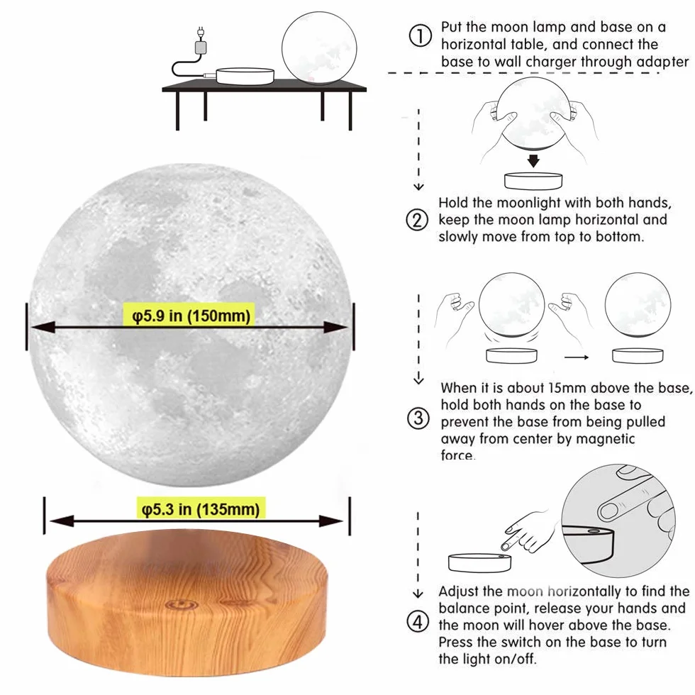 Lampada VGA a forma di luna che oscilla liberamente nell'aria, con base in legno e luce di luna della stampa 3D, per regali unici, Room Decor, luce notturna, scrivania giocattolo Tech
