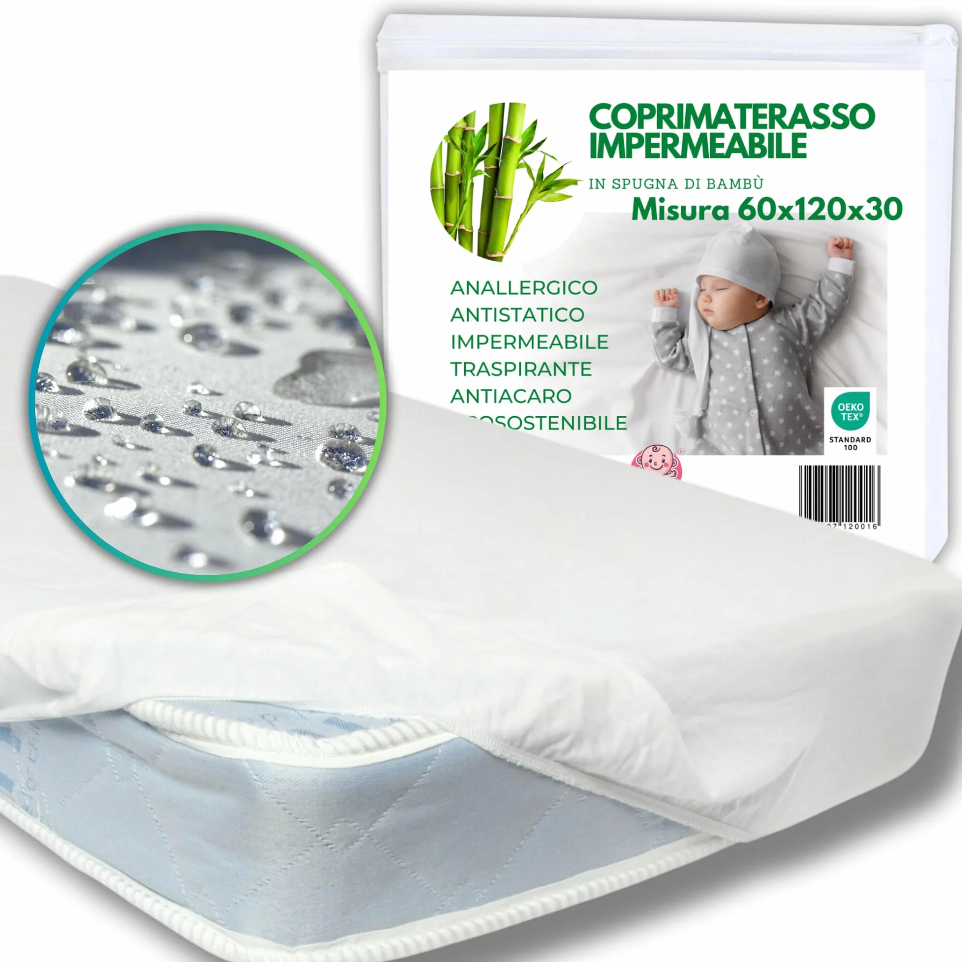 Coprimaterasso Impermeabile Bambù per Lettino Neonati 60x120x30 cm