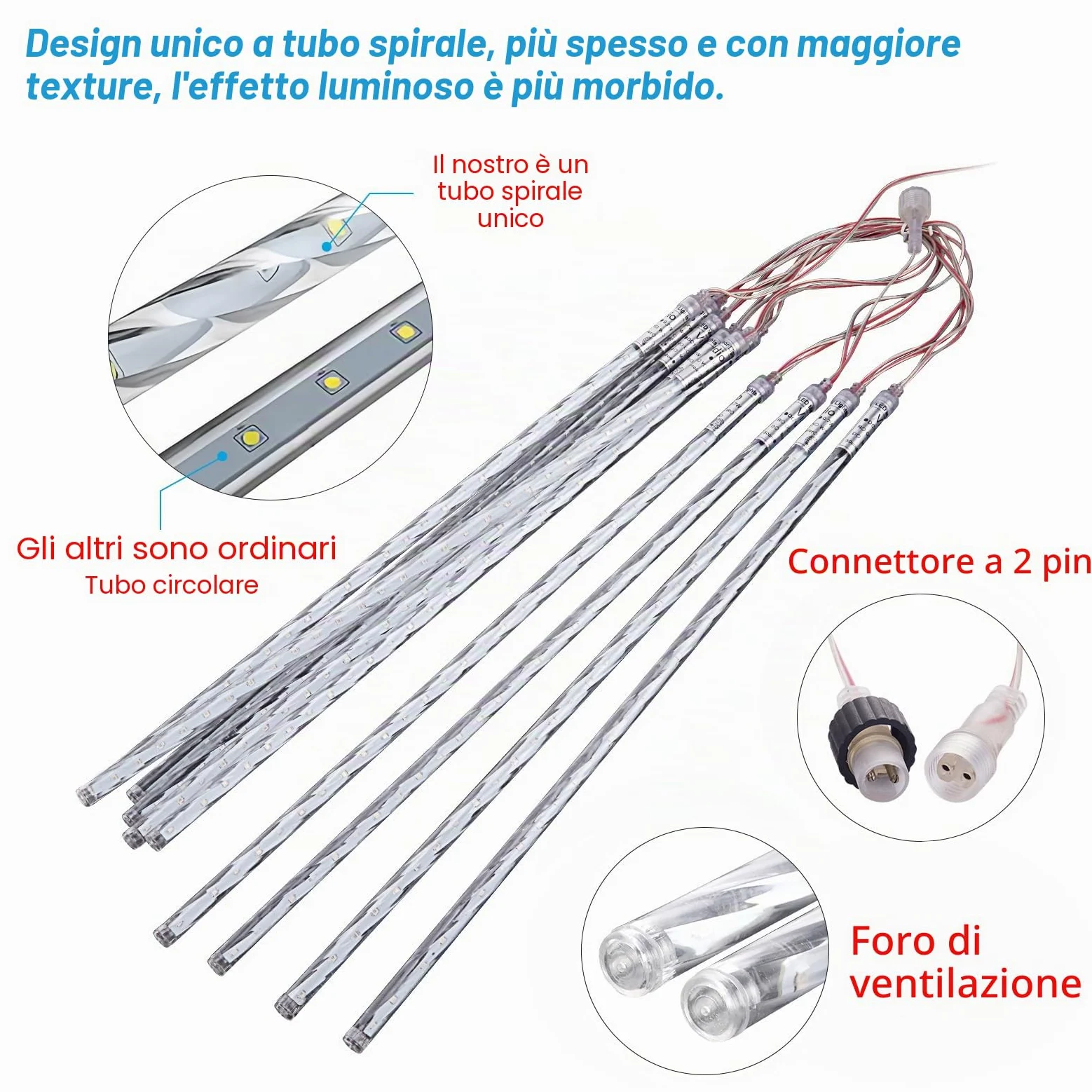 Luci di Natale all'aperto, Pioggia di Meteoriti Luminosi 16 Tubi Spiralati (50cm 864 LEDs) Lunghezza di 5,25m, Luci ghiacciolo impermeabili per Decorazioni natalizie all'aperto, Bianco