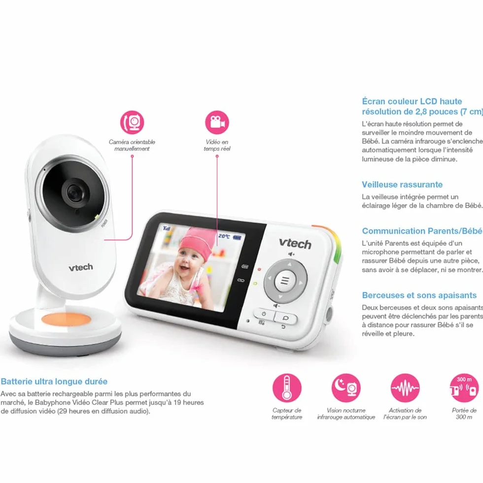 VTech Baby monitor BM3254 con videocamera, schermo LCD 2,8 pollici, luce notturna colori, comunicazione bidirezionale