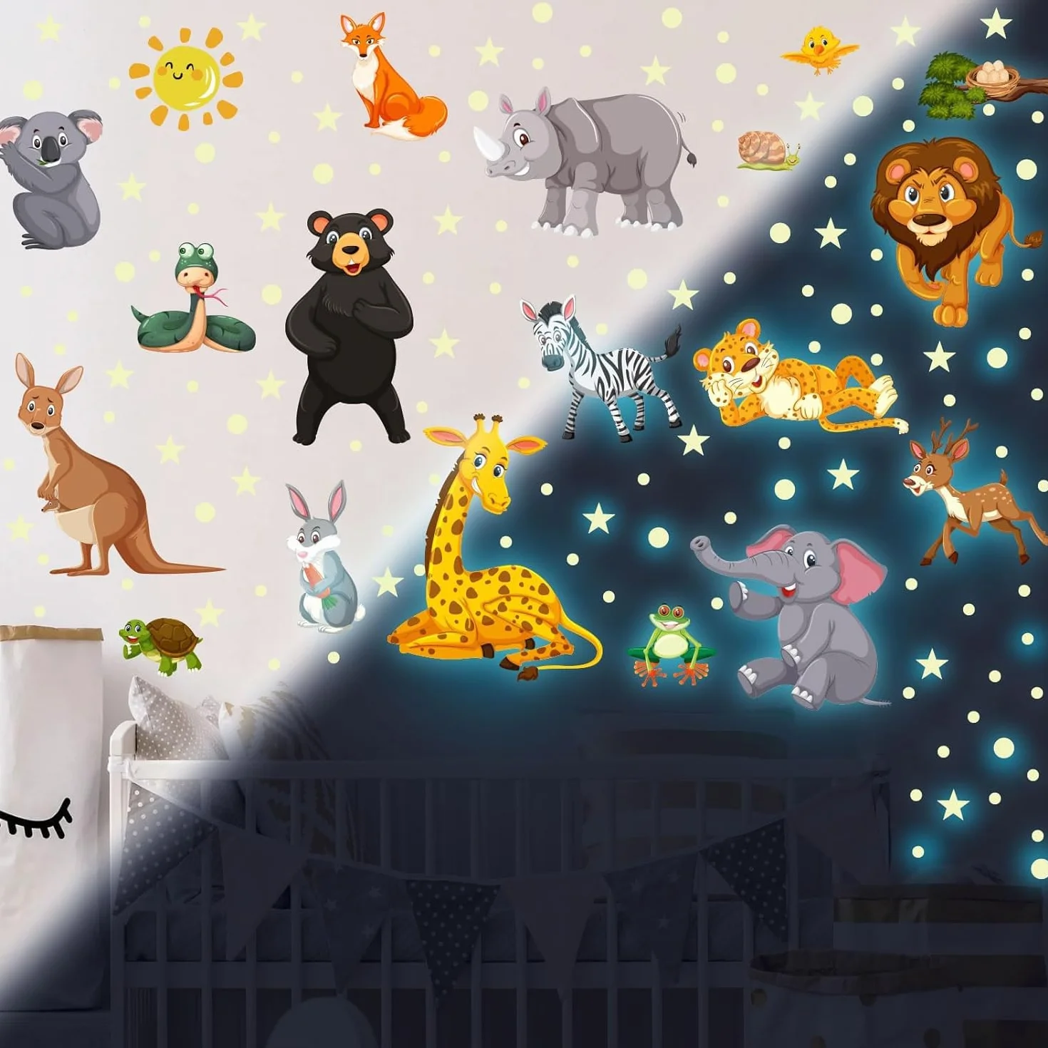 Adesivi da Parete Fluorescenti Animali Giungla Stickers Muro Luminoso Safari Elefante Leone Decorazioni Camera Bambini Verde
