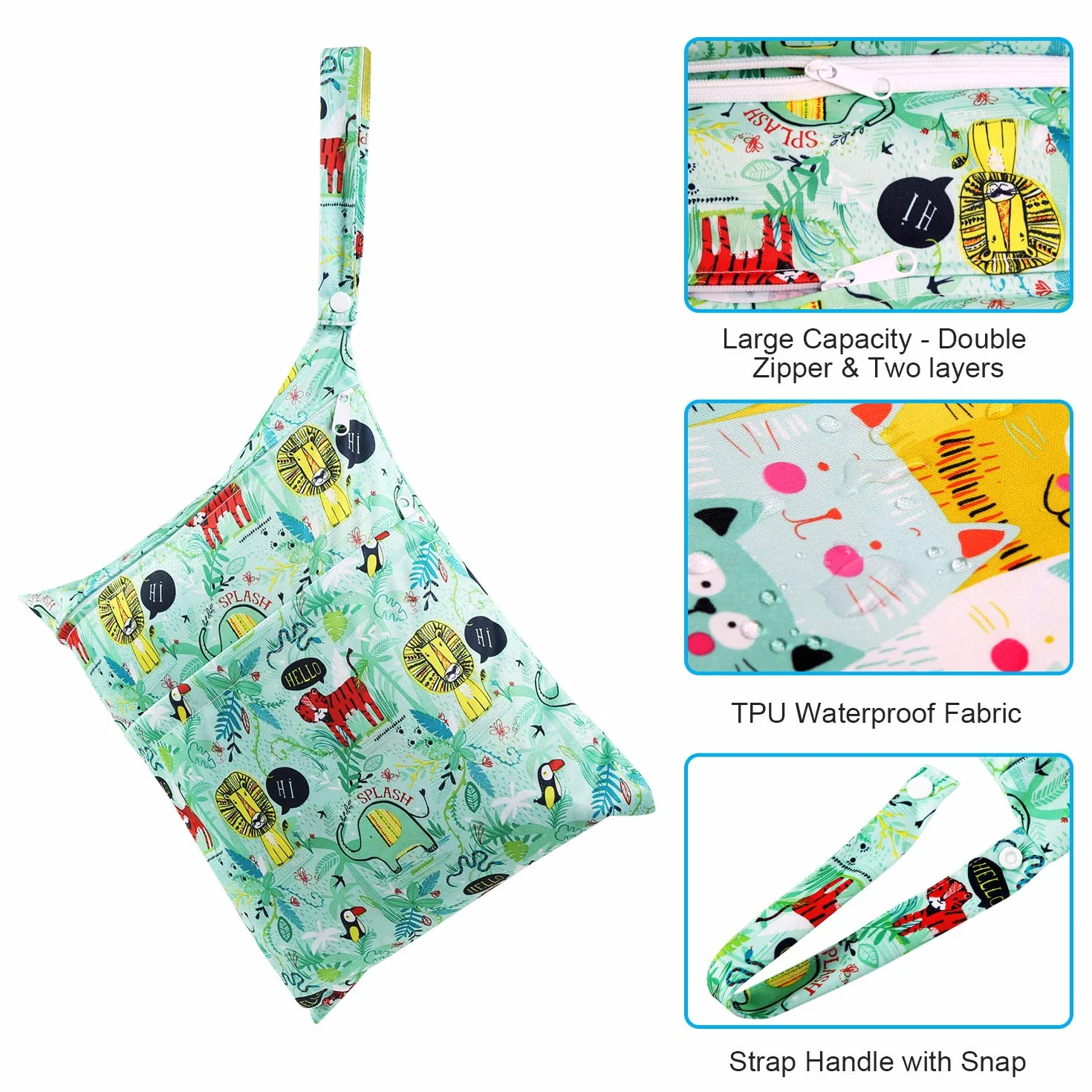 Borsa per Pannolini Impermeabile 3Pcs Riutilizzabile con Doppia Cerniera Wetbag Neonato Verde