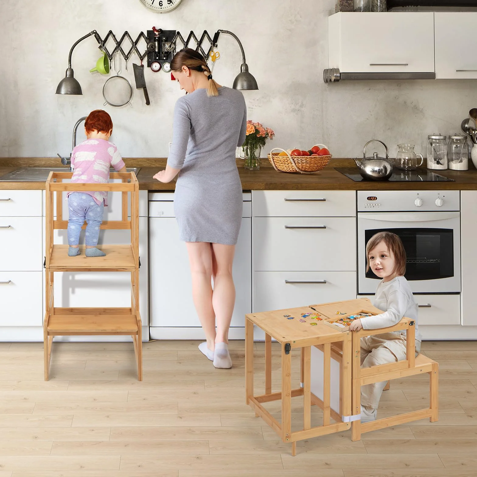 COSYLAND Torre Montessoriana Bambini 3 in 1 con Lavagna Bianca Naturale Classico