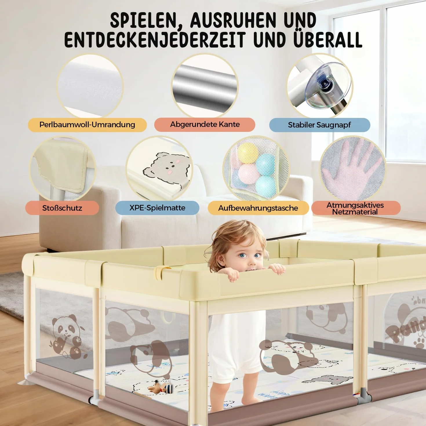 Box Bambini 120x120 con Tappeto, Panda Beige, Tessuto Oxford, Sicurezza Antiscivolo