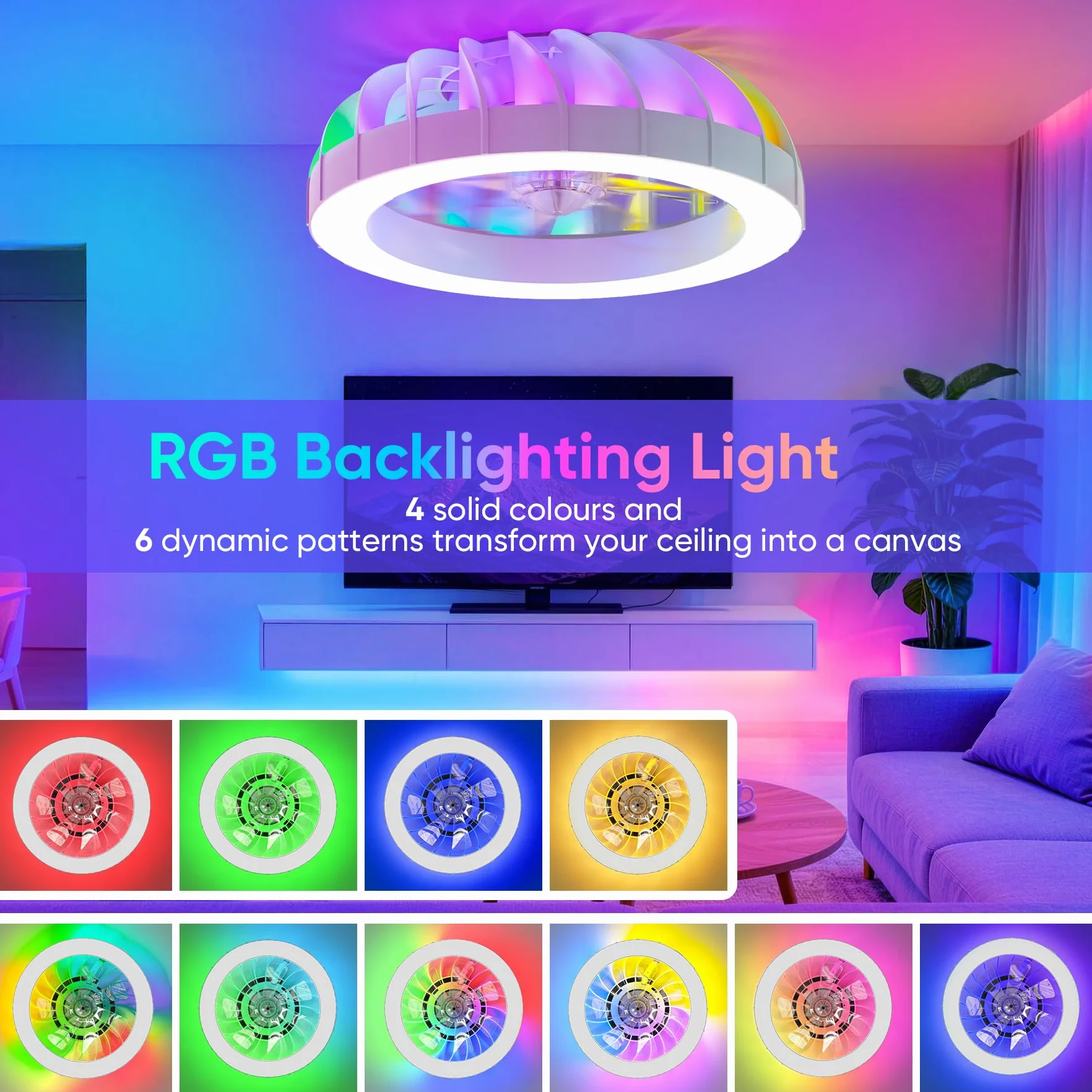 46cm Ventilatore da Soffitto con Luce e Telecomando, 6 Velocità Silenzioso Lampadario con Ventilatore da Soffitto, Timer, 3000k-6500k & RGB Plafoniera Ventilatore per Camera da Letto Soggiorno