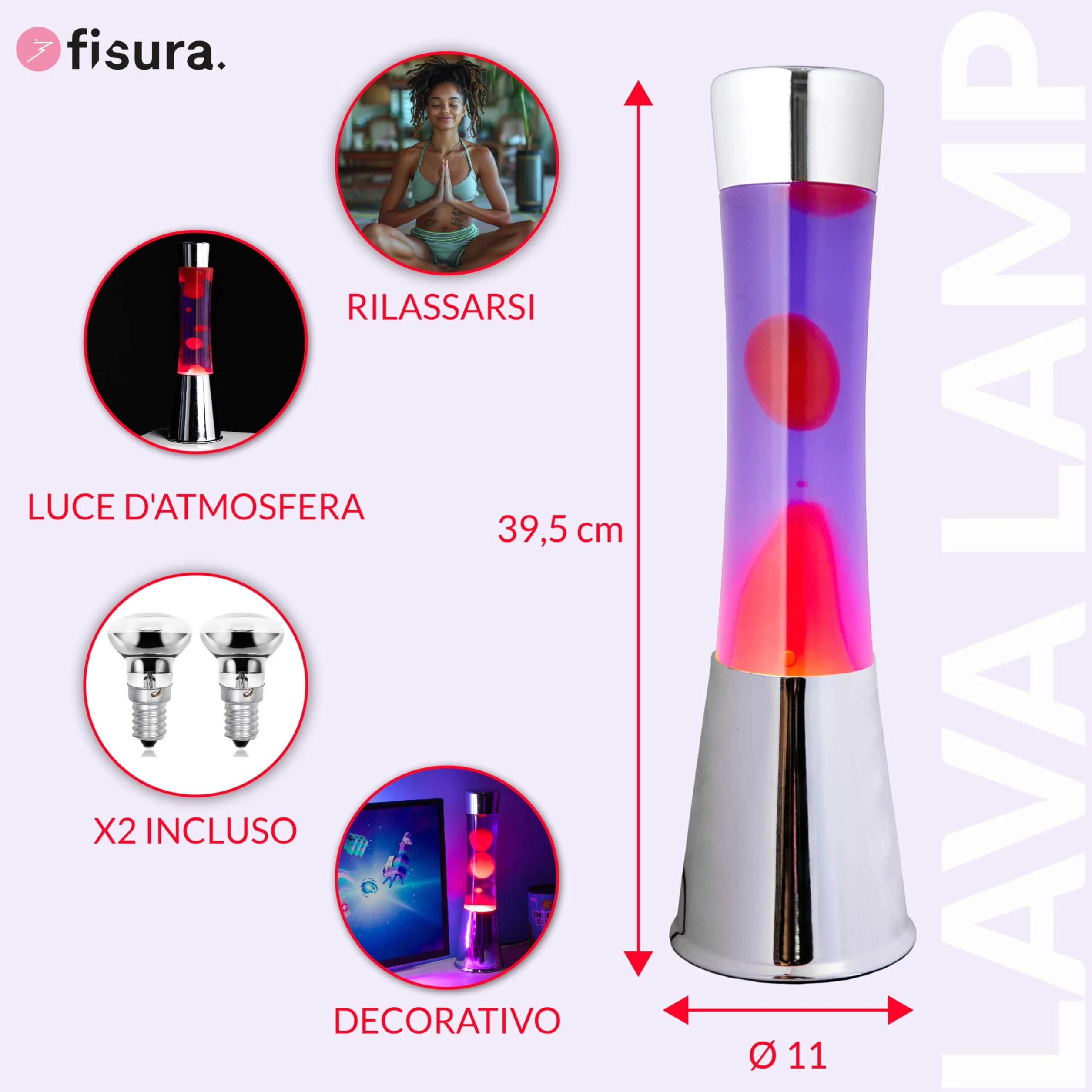 FISURA - Lampada lava rossa e viola. Base argento cromato, liquido viola e lava rossa. Lampada ad effetto rilassante. Con lampadina di ricambio. 11 cm x 11 cm x 39,5 cm.