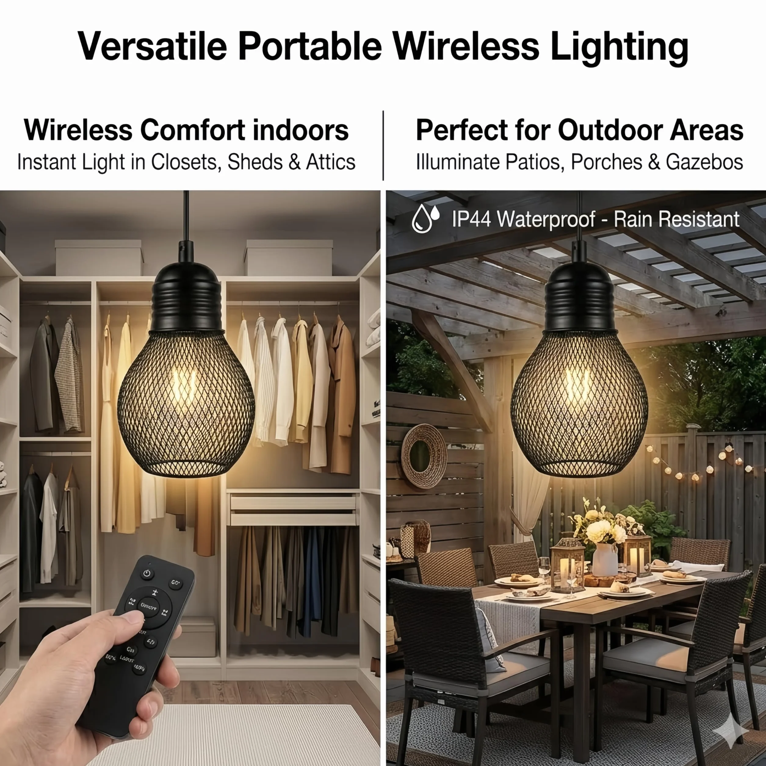Lampada a sospensione a batteria con telecomando impermeabile, 4 batterie AA, per gazebo, pergolato, portico, patio, interno/esterno, nero