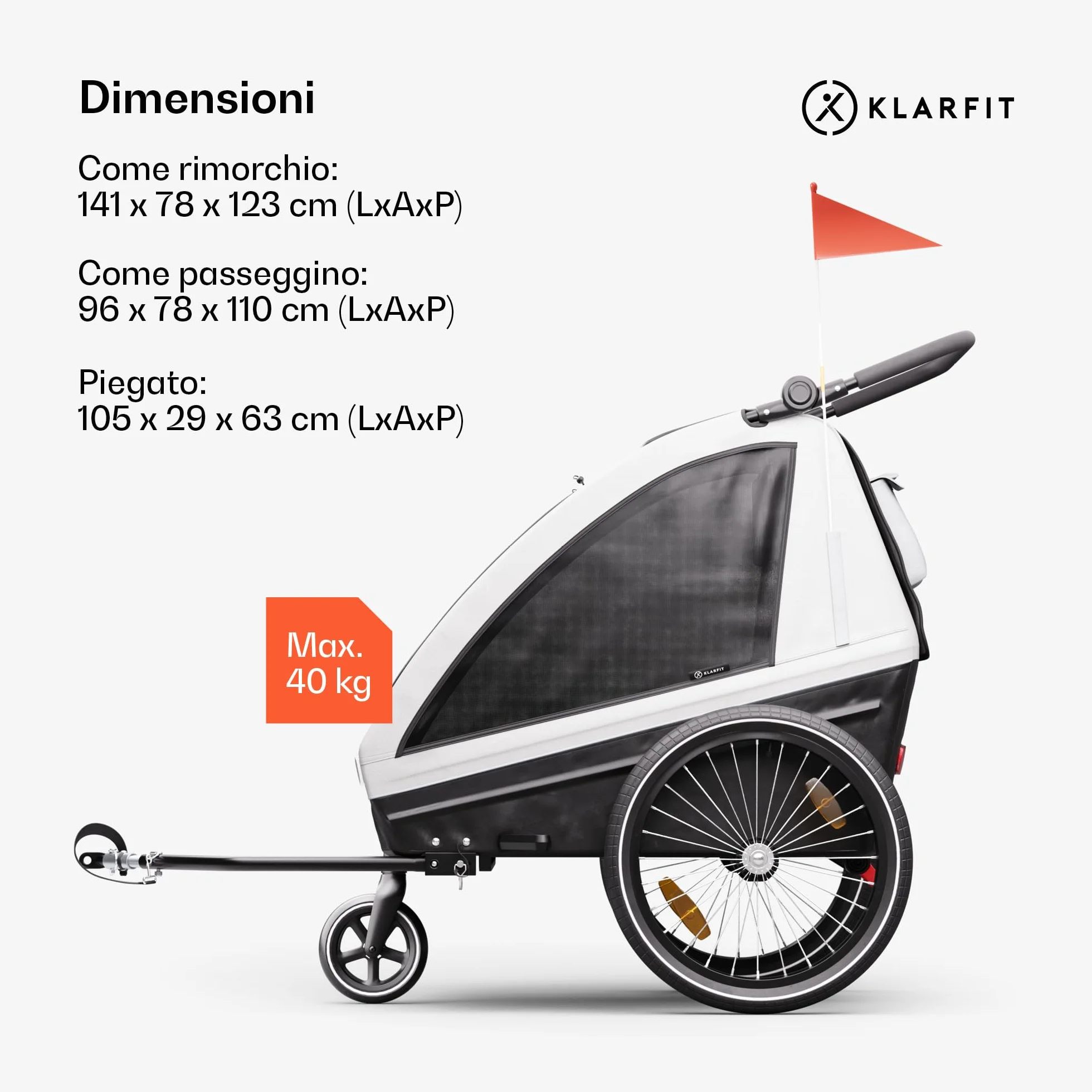 Klarfit GoKiddo Rimorchio per Bici 2in1 Carrello e Passeggino 40kg Pieghevole Grigio Chiaro