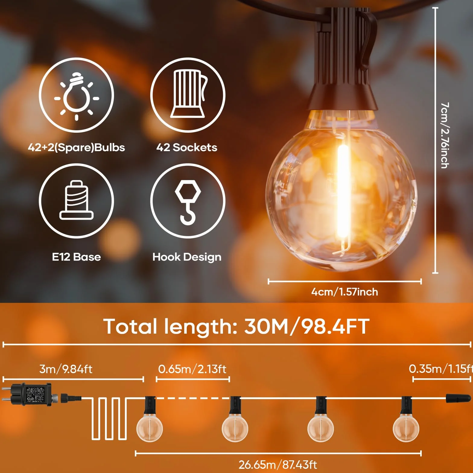 Hoteril Catena Luci da Esterno Giardino-30M, G40 Catena Luminosa Esterno: 42+2 Lampadine, Temperatura Colore 2200K, Alimentazione a Spina, Ideale per Pergolato da Giardini, Gazebo, Balcone, Campeggio