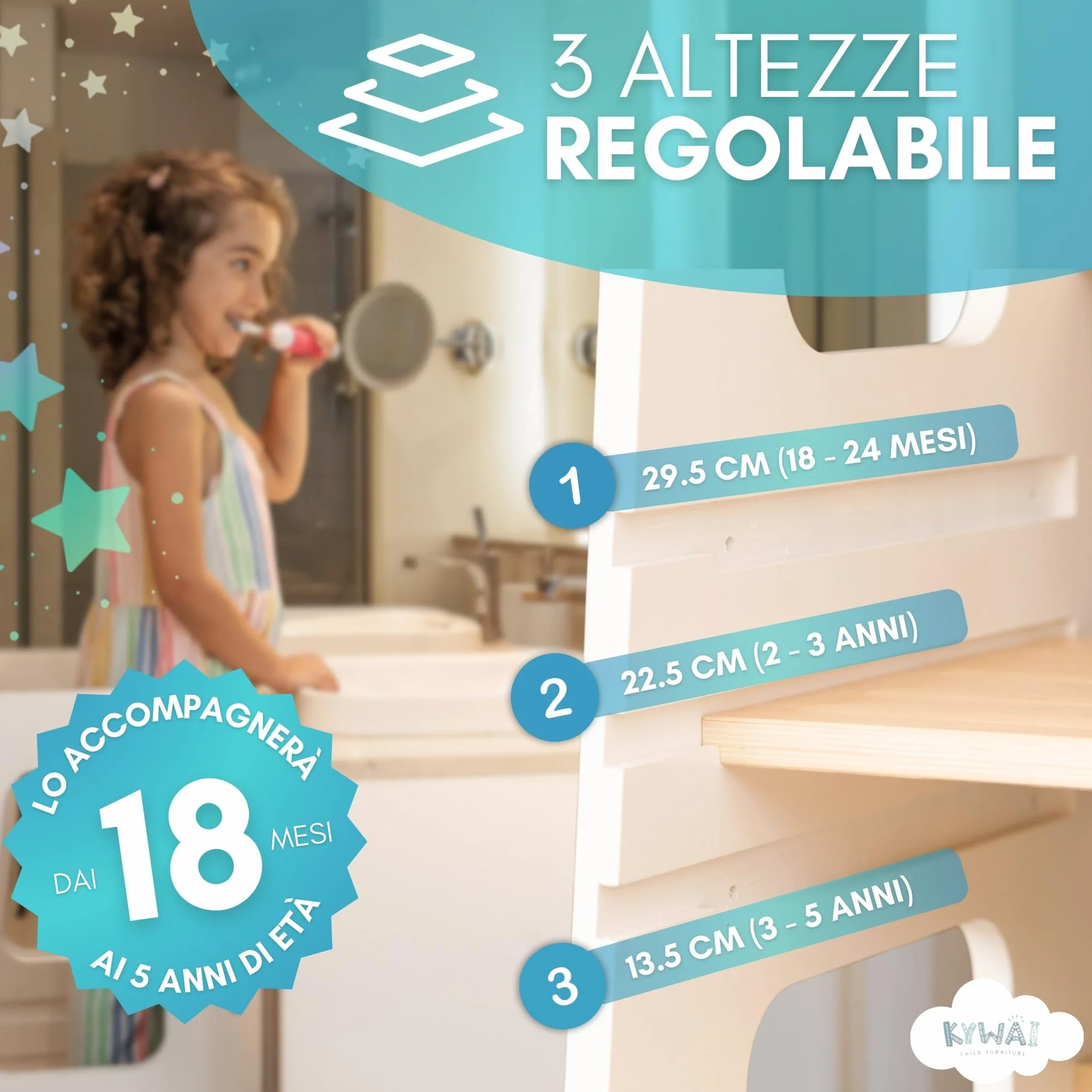Torre Montessoriana Bambini Premium Legno Regolabile Altezza Doppia Barra Sicurezza Bianco