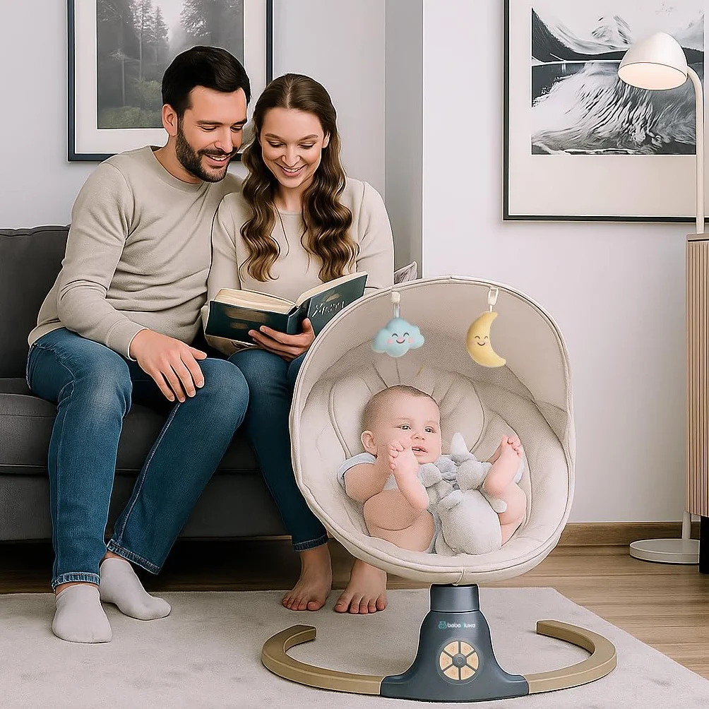 BEBE2LUXE AVA Sdraietta Dondolo Automatico Neonato 9 kg Altalena Elettrica Melodie Telecomando Timer Bluetooth Beige
