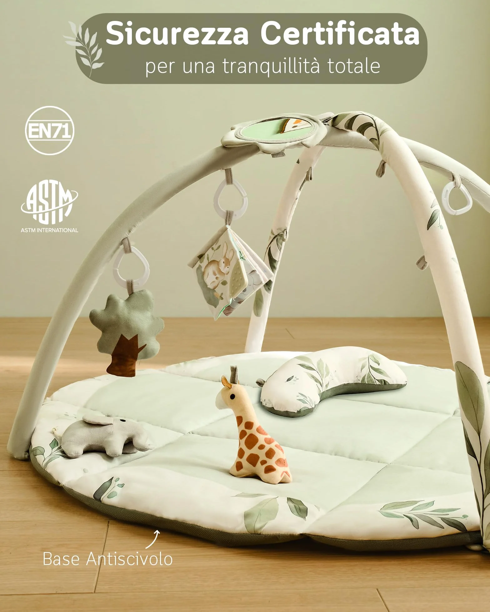 Fortella Palestrina Neonato Evolutiva Tappetino Gioco Attività 5 Giocattoli Sensoriali Specchio Cuscino 0-12 Mesi Verde