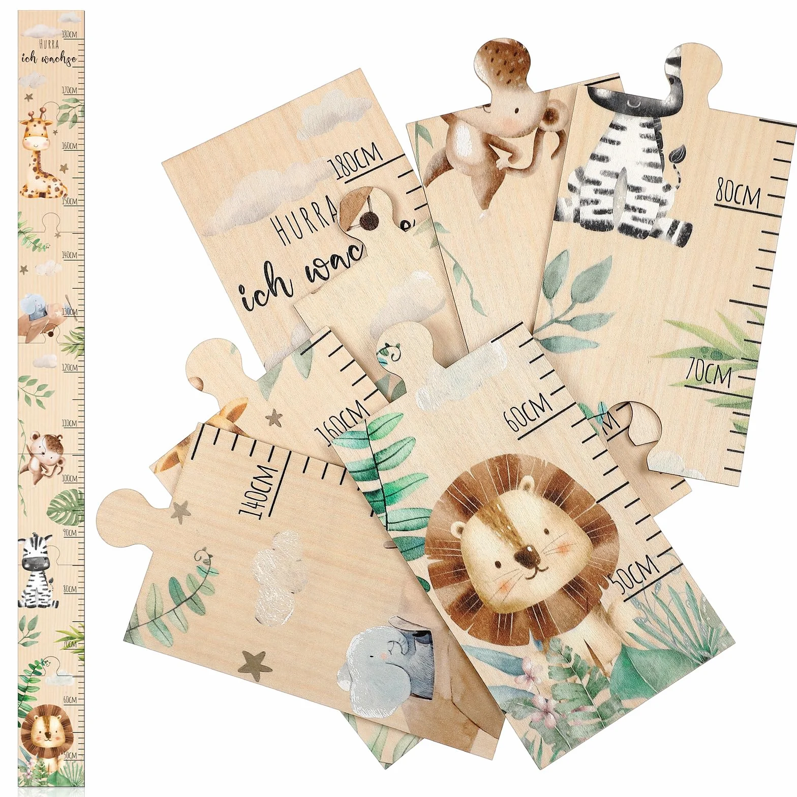Metro da Parete per Bambini in Legno con Motivo Animali Tabella Altezza 50-180 cm Regalo di Nascita