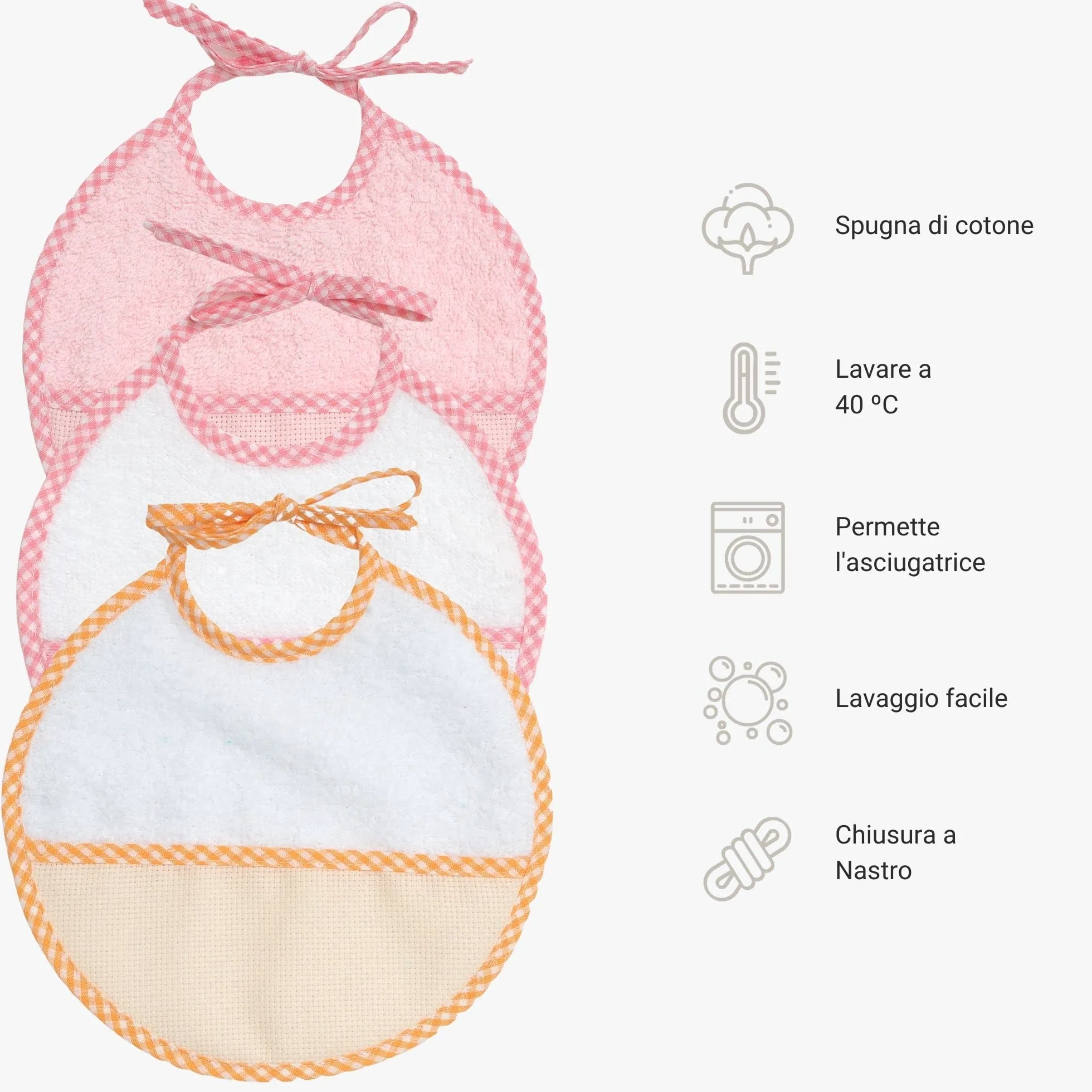 Bavaglino Punto Croce Neonato 100% Cotone Morbido Chiusura a Nastro