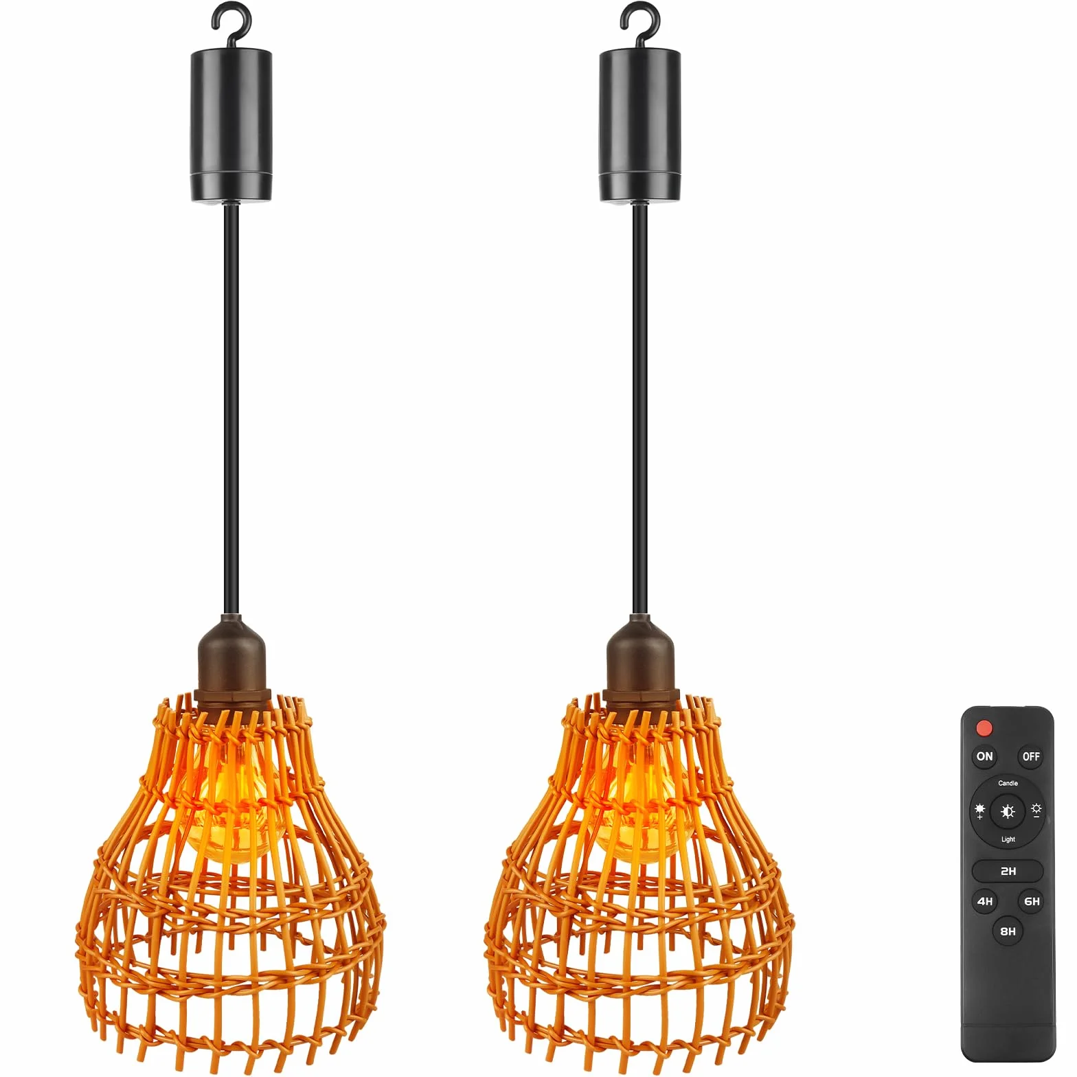 Lampada a sospensione in rattan: 2 pezzi a batteria, lampada a sospensione boho con telecomando, per esterni, per giardino, esterni, per terrazze e gazebo