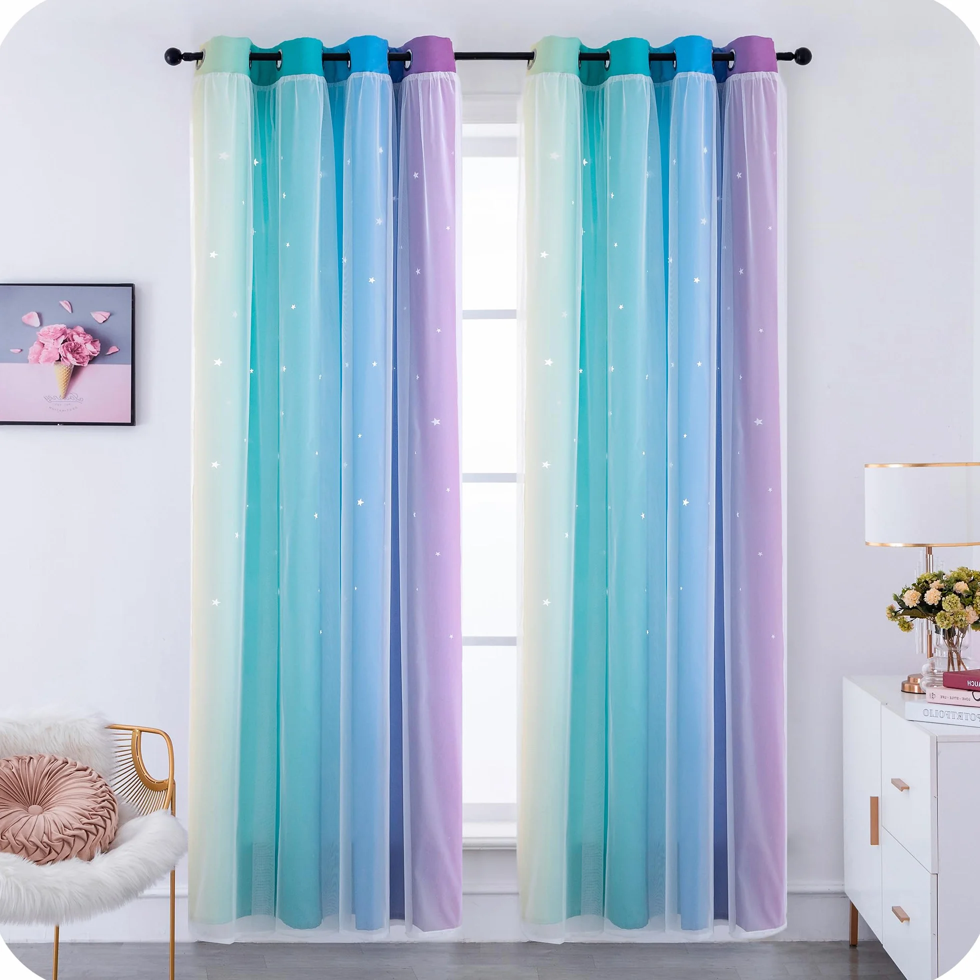 Tende Doppio Velo Oscuranti Morbide Fantasia Stelle Vuote Isolante per Camera Bambini 2 Pannelli 140x285cm Arcobaleno Freddo