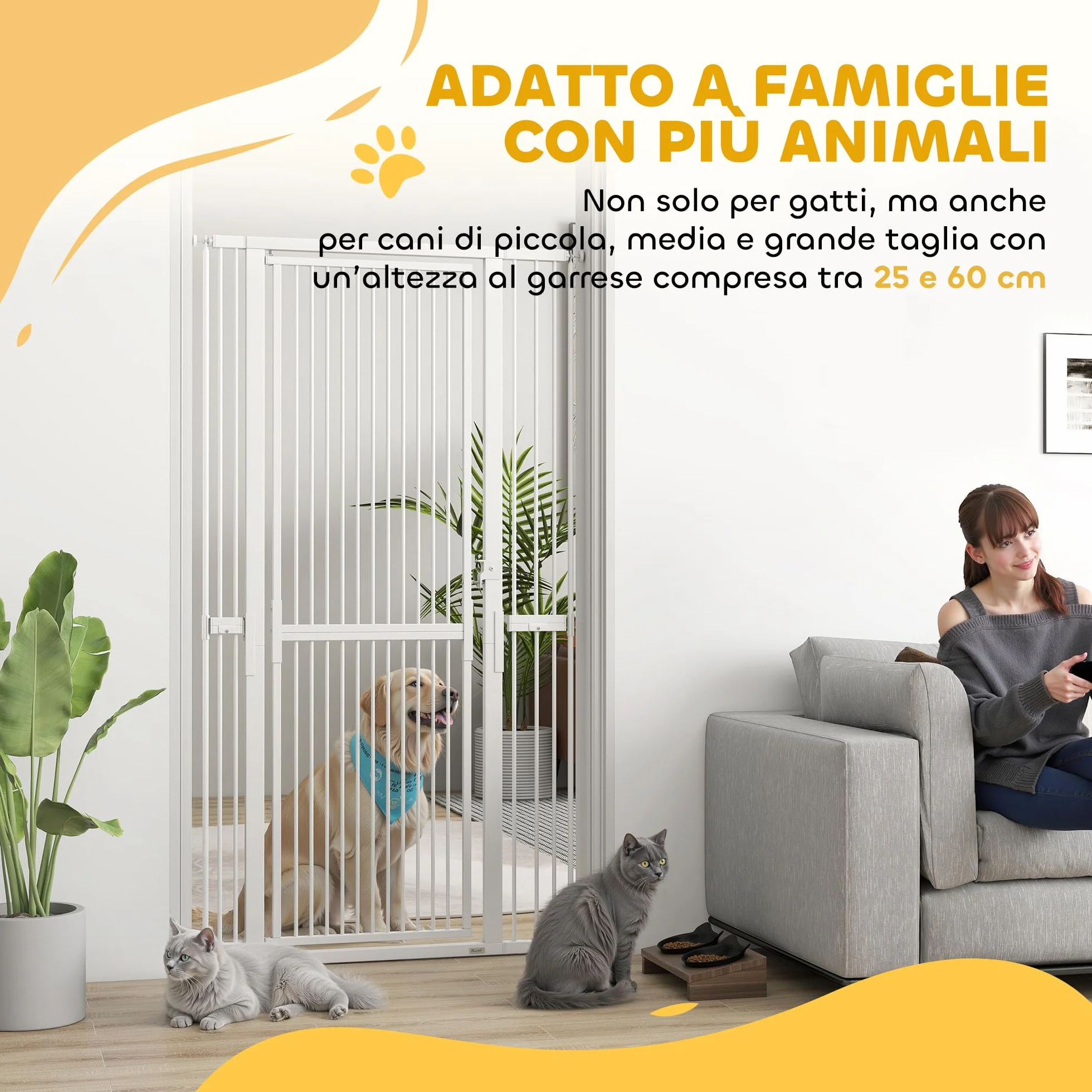 PawHut Cancelletto di Sicurezza per Cani Gatti 180cm, Estensibile 77-104 cm, Spazio 3.5cm, Bianco
