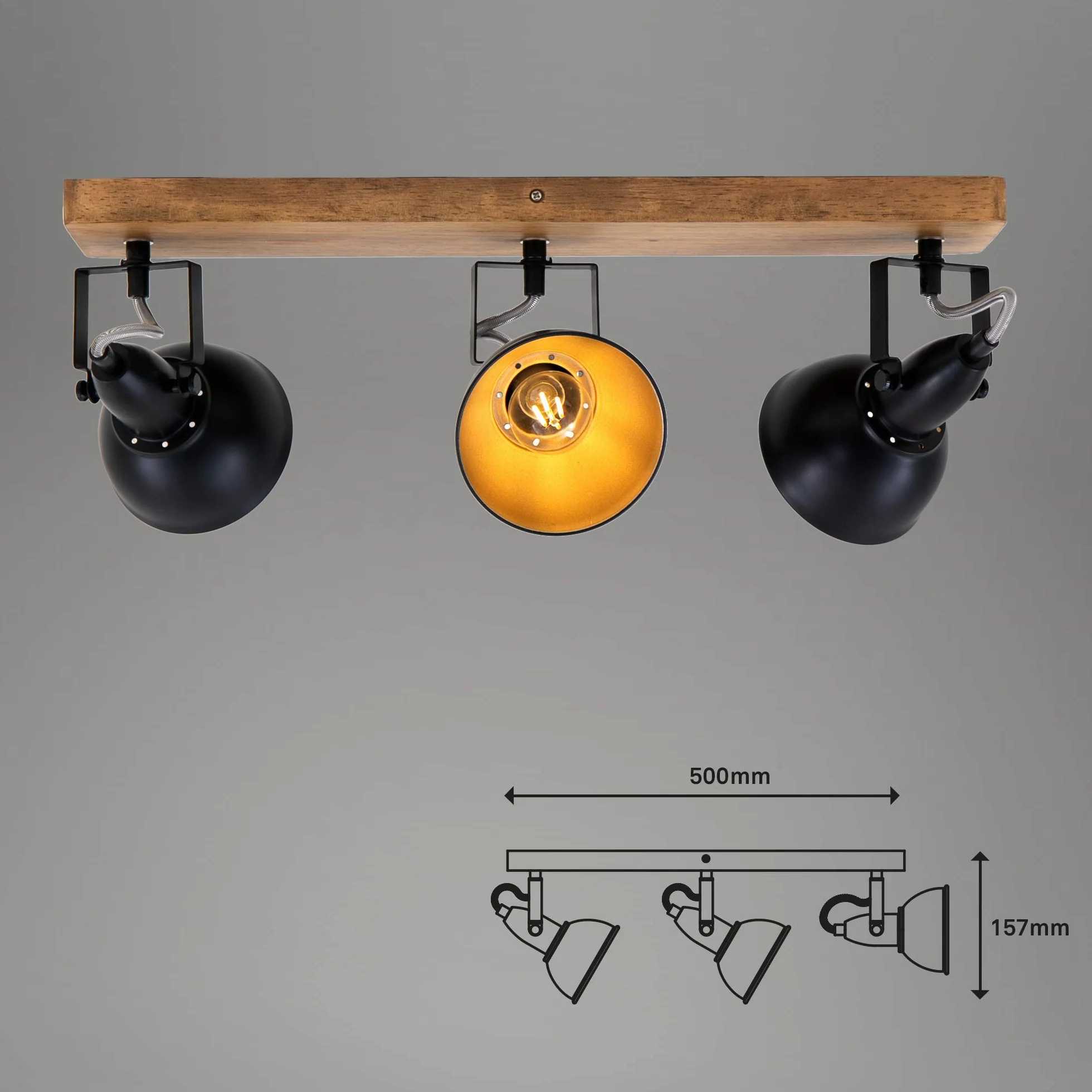 BRILONER Leuchten Faretto, Lampada da Parete retrò, Vintage, Girevole e inclinabile, 3X E14, Metallo-Legno, Nero-Oro, 500x110x157mm (LxPxH)