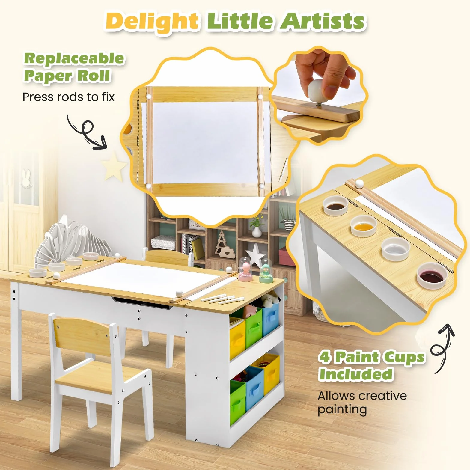 RELAX4LIFE Tavolo D'arte per Bambini in Legno con 2 Sedie, Piano Sollevabile, 6 Cassetti e 4 Tazze (NATURALE)
