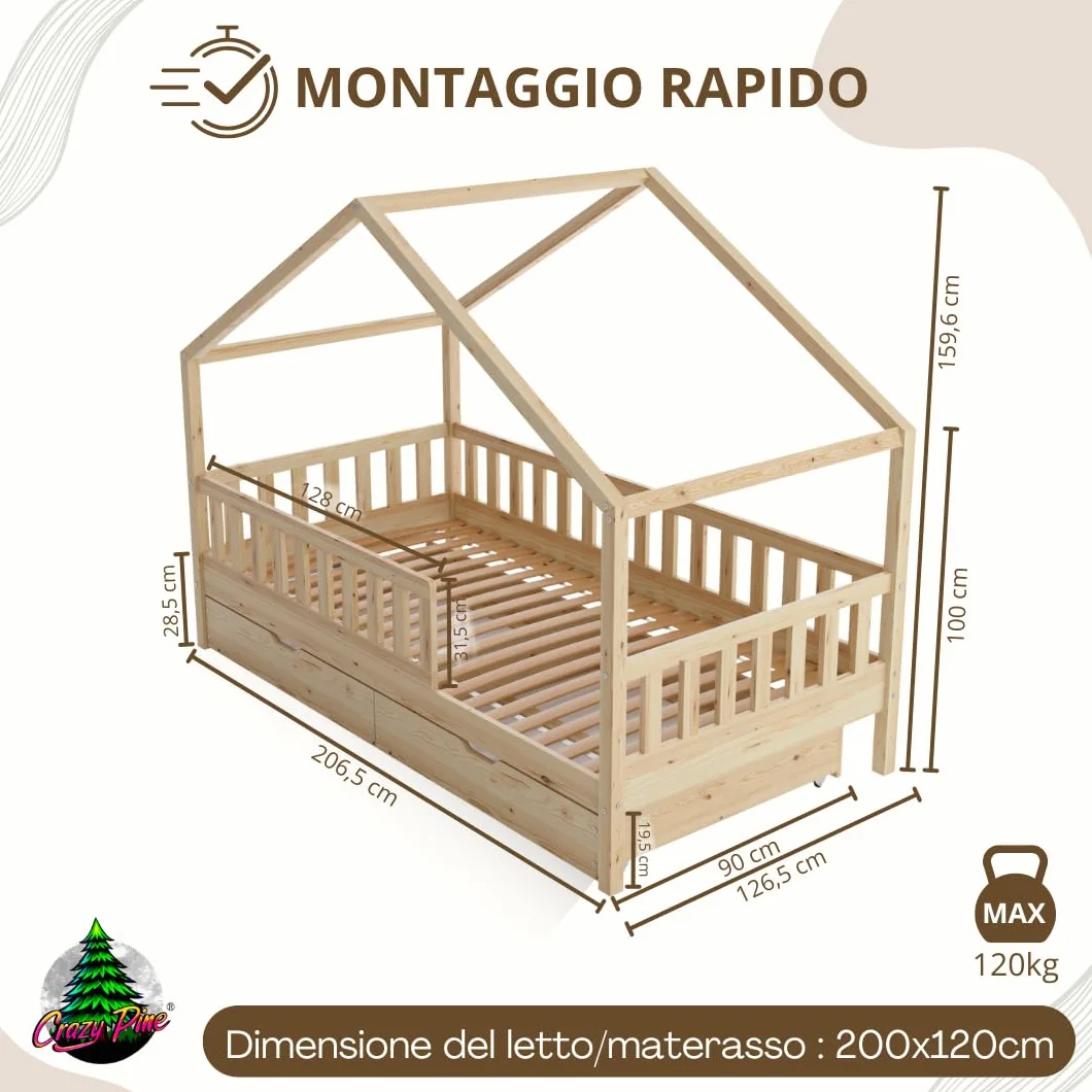 Letto Montessori a Pavimento 200x120 cm Legno Naturale con Cassetti