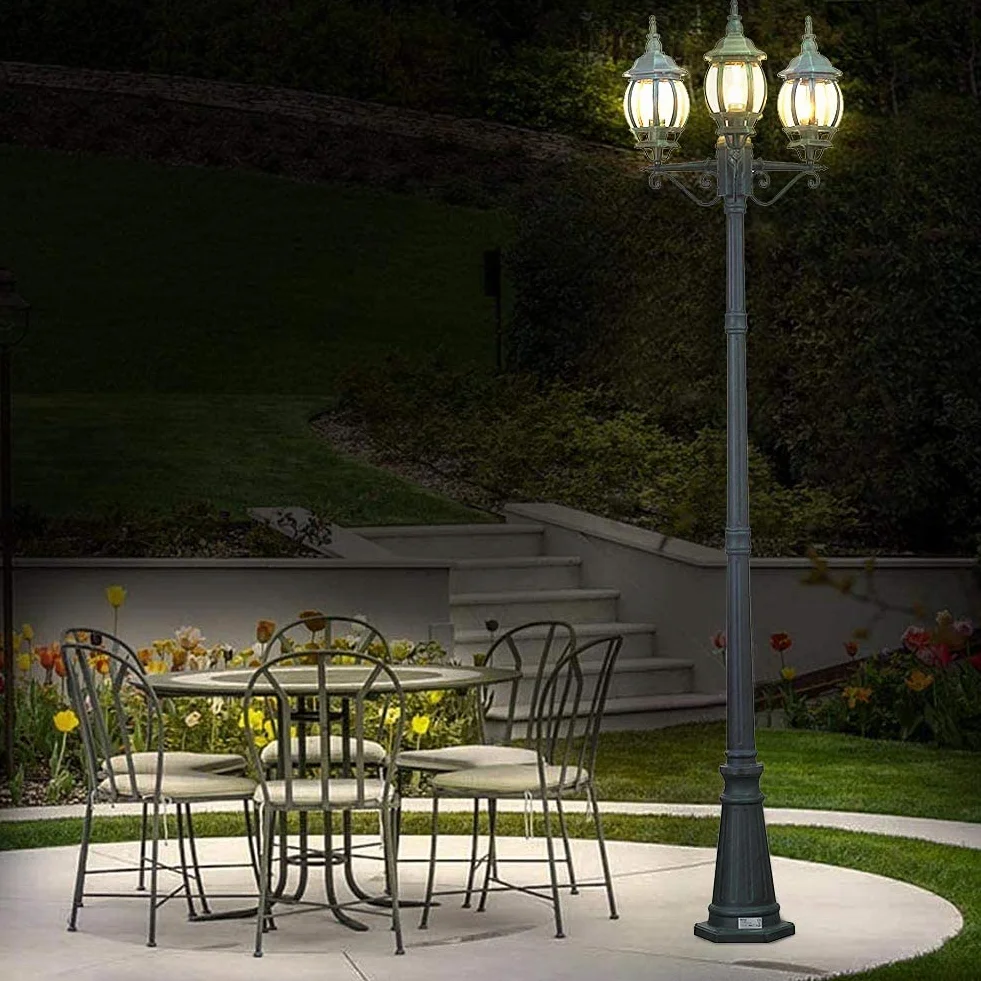 BAKAJI Lampione Vittoriano Classico da Giardino in Alluminio Lampada Lanterna Colore Grigio Finitura Anticata Verde Bronzo IP44 E27 (3 Luci 200 cm)