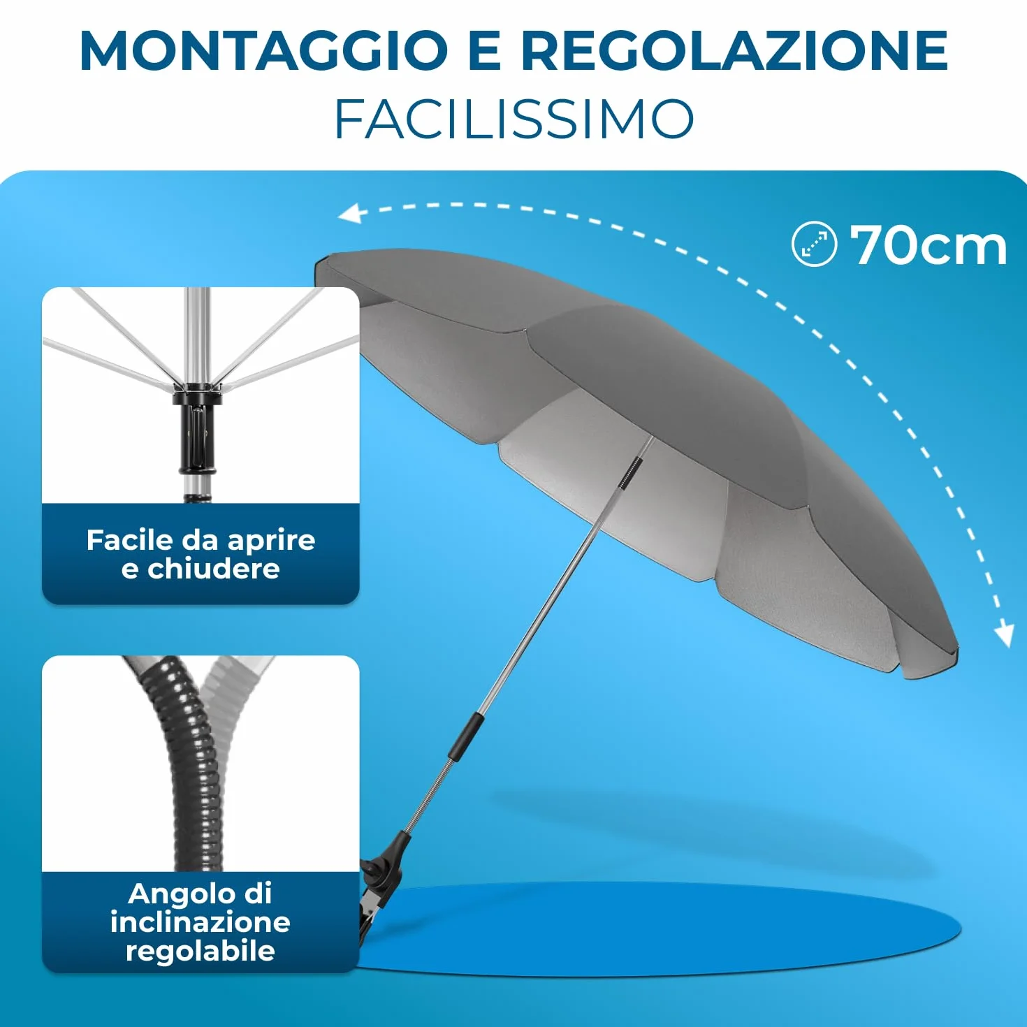 STYNGARD Ombrellino Passeggino UV 50+ 70 cm con Supporto Universale Modello ROMA
