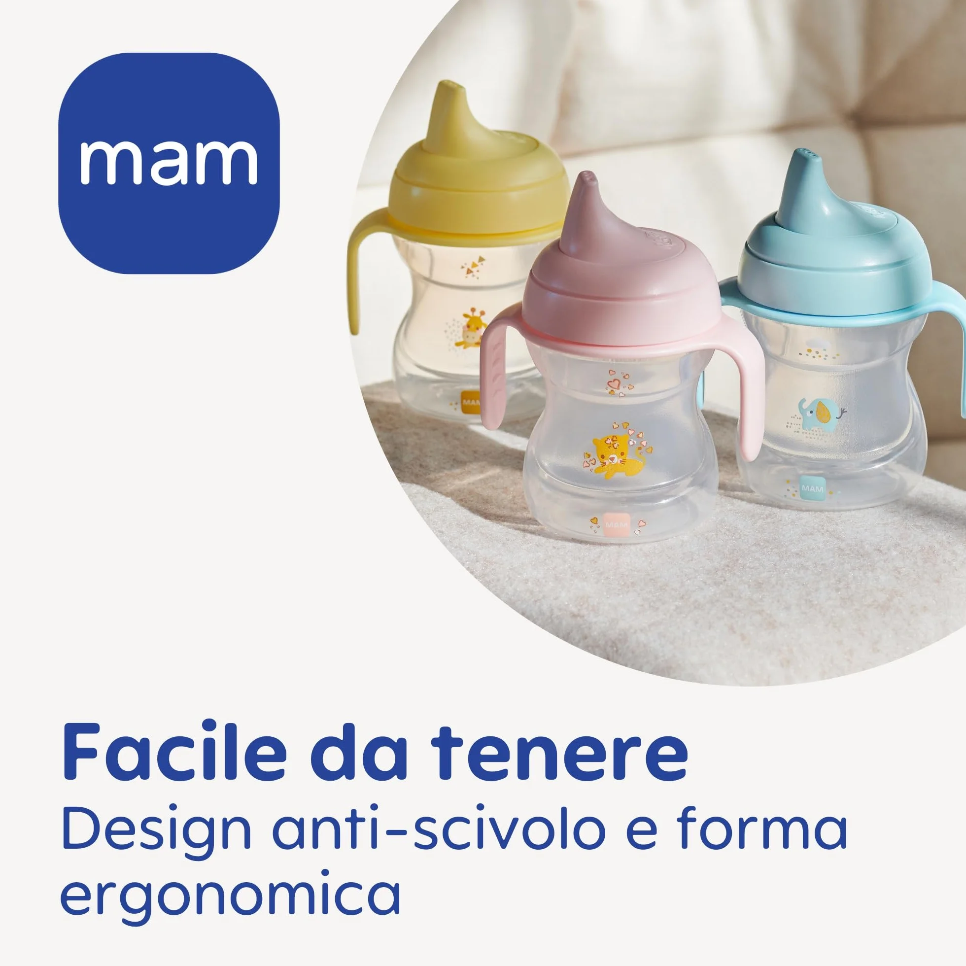 MAM Learn to Drink Cup Tazza bambini 190 ml Biberon neonati 6+ mesi beccuccio anti-goccia valvola flusso libero Azzurro