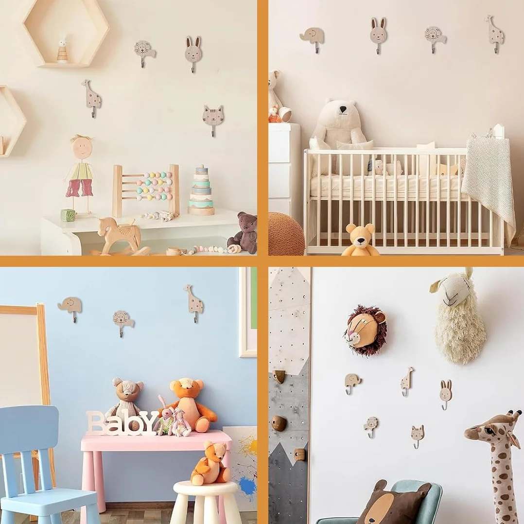 Appendiabiti per bambini in legno set 8 ganci autoadesivi animali elefante balena gatto leone coniglio giraffa