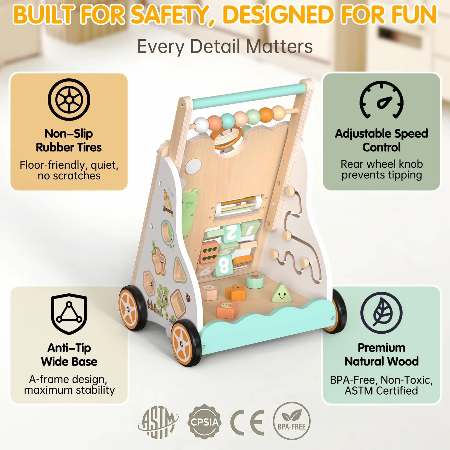 Carrello Primi Passi in Legno Montessori Girello con Centro Attività Altezza e Velocità Regolabili per Bambini 12+ Mesi (Naturale)