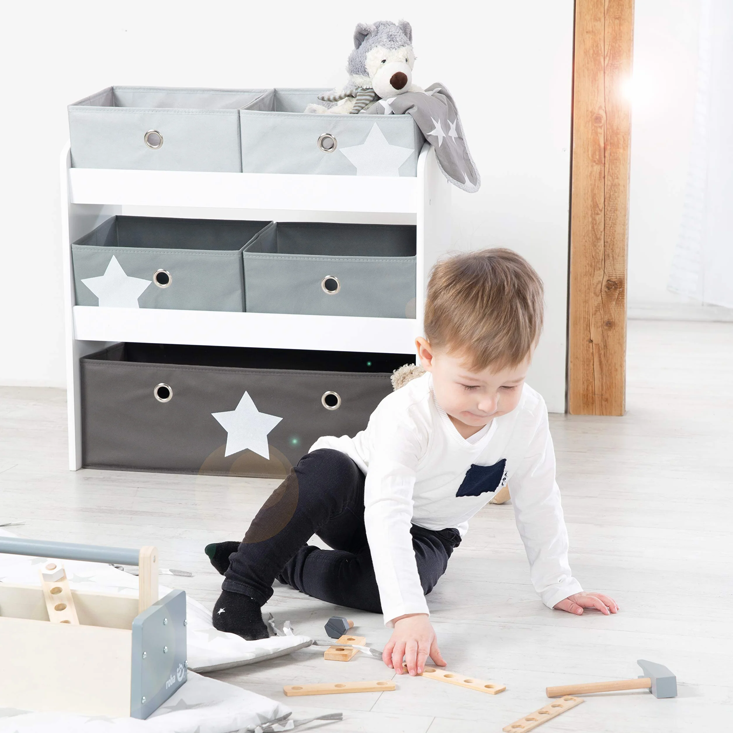 roba Scaffalatura Portaoggetti Stars 5 Scatole Tessuto Grigio 64x30x60 cm Legno Laccato Bianco