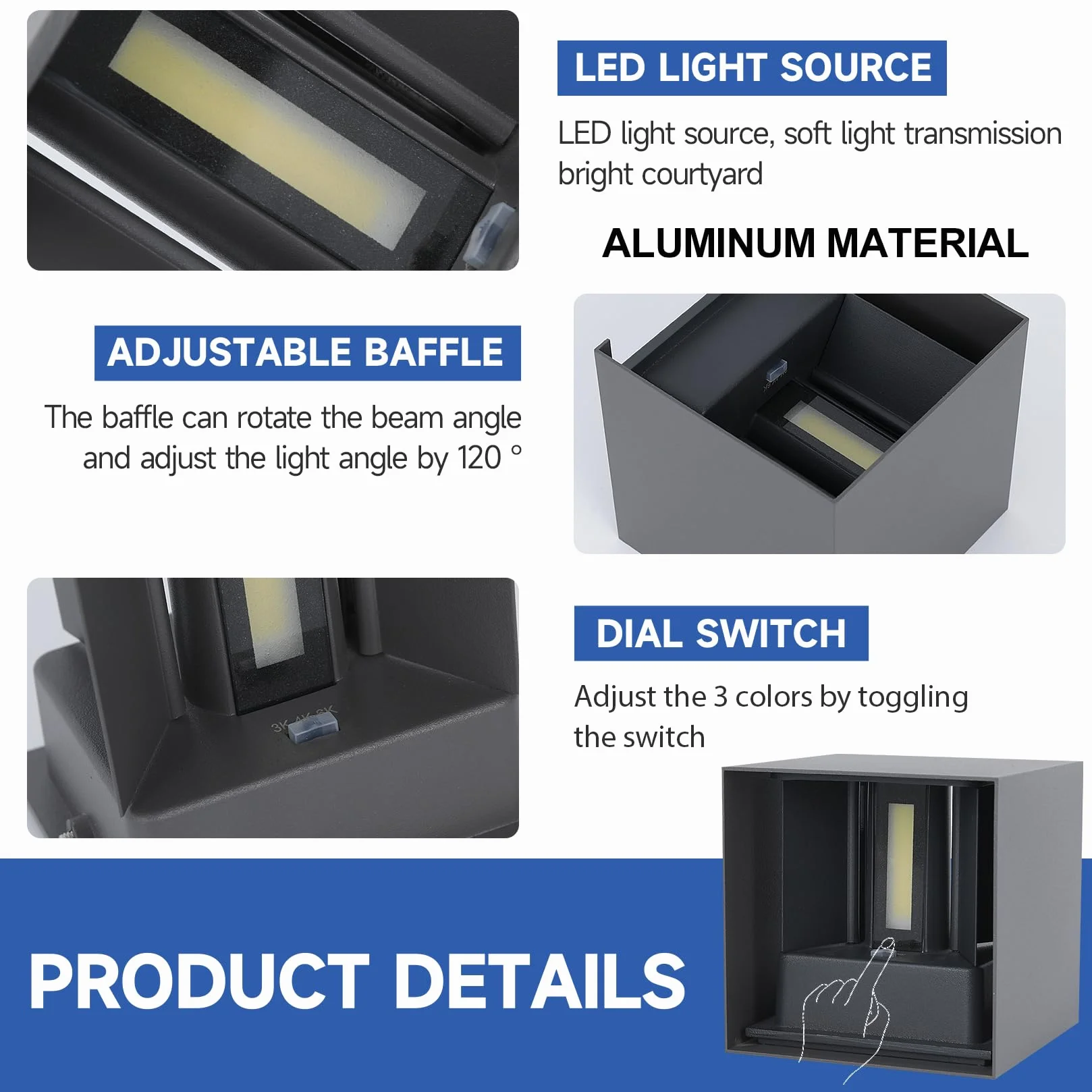 2 Pezzi LED 15W Lampada da Parete Esterno/Interno Regolabile 3 colori Cubo 11CM IP65 Impermeabile Lampade da Esterno Parete Applique Esterni Quadrata Angolo del Fascio Regolabile Moderne Grigio Scuro