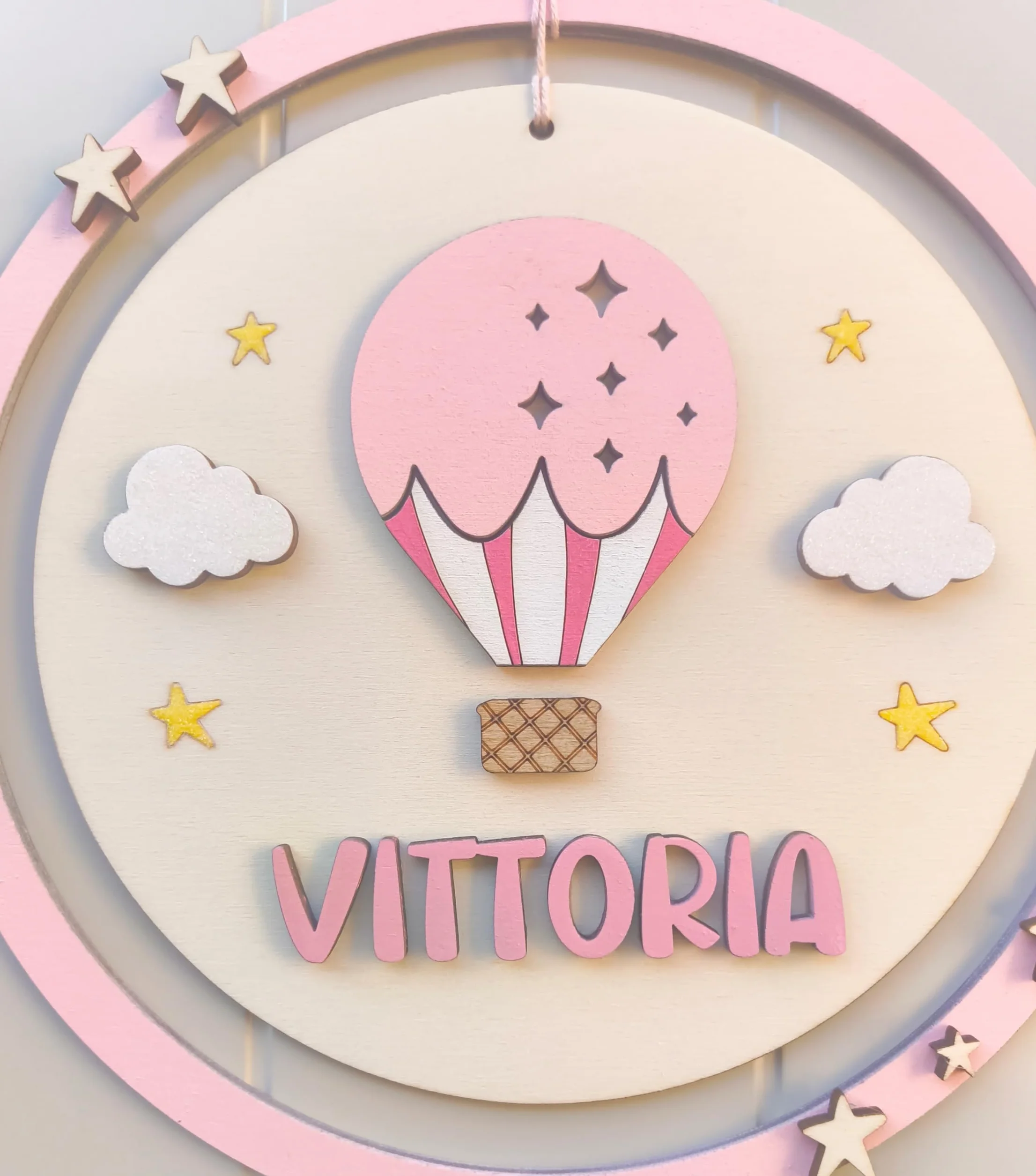 Fiocco Nascita Bimba e Bimbo Mongolfiera - Ghirlanda Artigianale Decorata a Mano per Cameretta e Culla