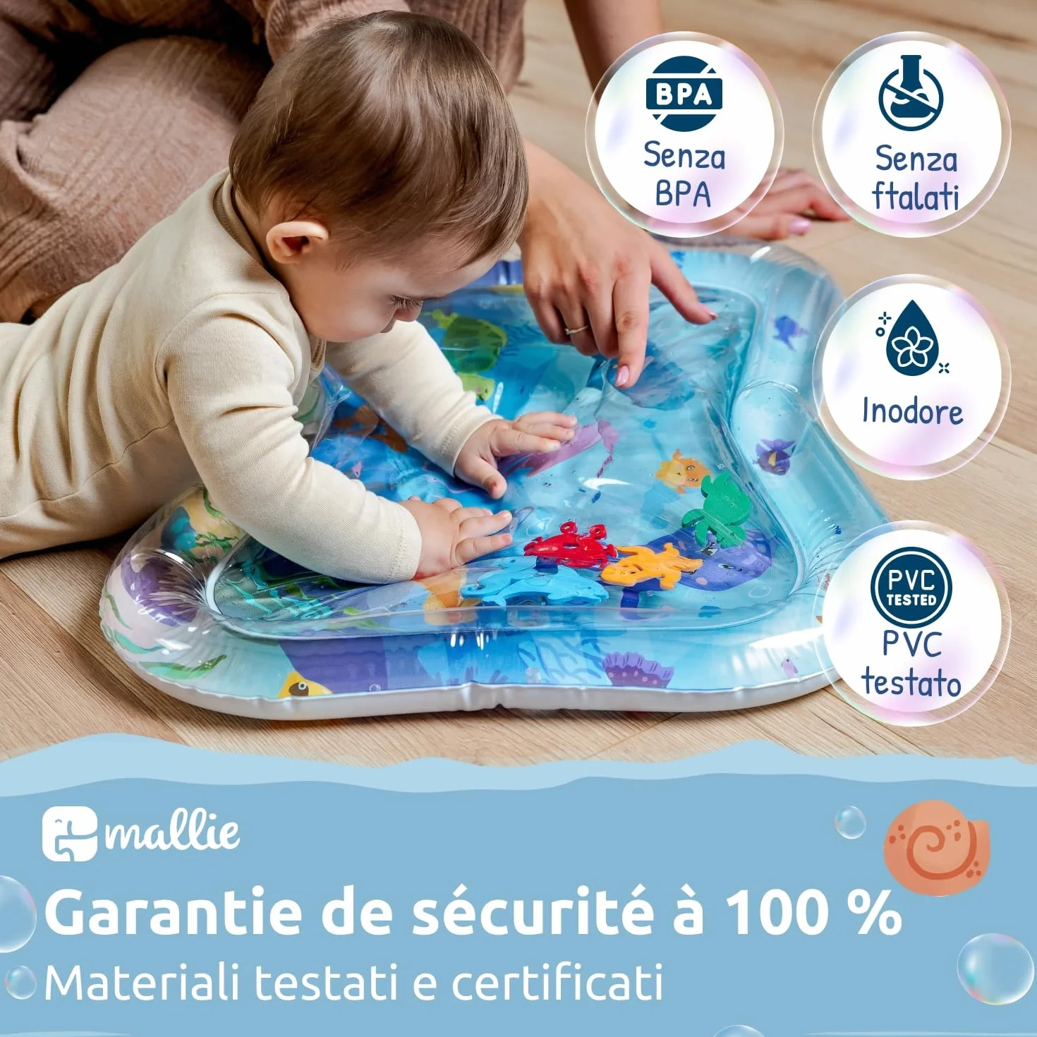 Mallie® Tappetino Tummy Time Neonato Gonfiabile ad Acqua: Giochi Sensoriali 0-3 Mesi