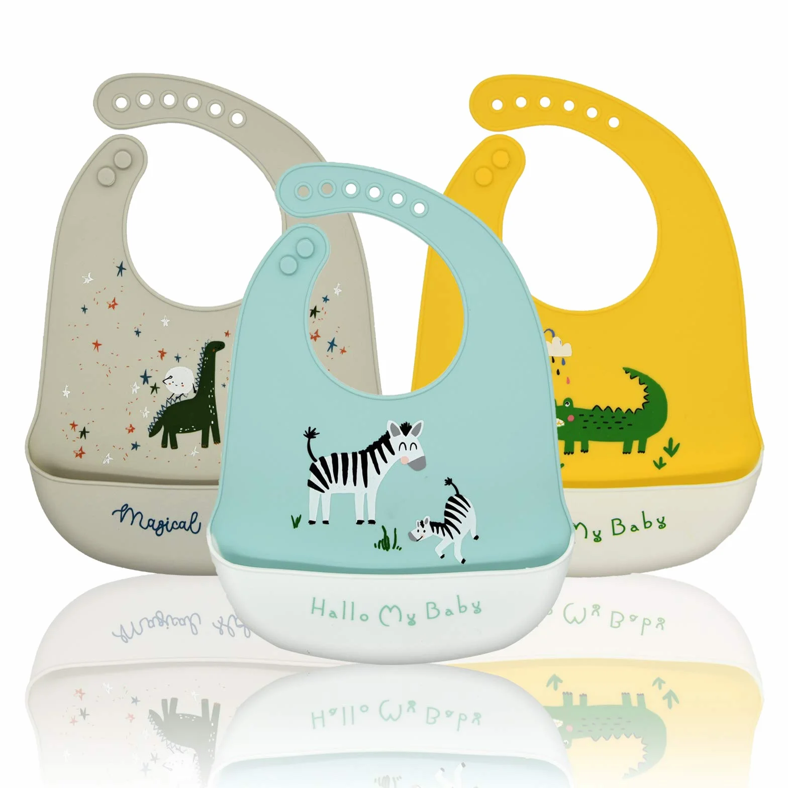 Bavaglini Silicone Bambino 3 Pezzi Neonato Bavaglino Svezzamento con Tasca Raccoglipappa Impermeabili