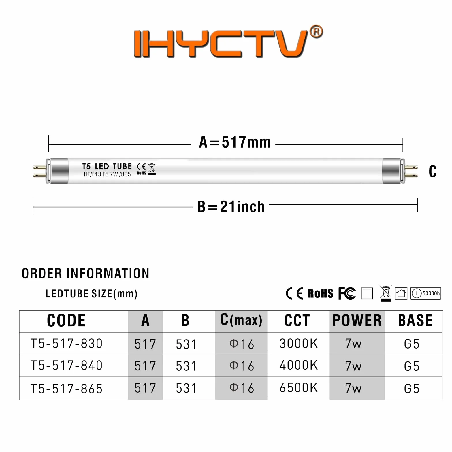 IHYCTV Tubo T5 LED 517mm, Tubo fluorescente T5 13W equivalente, 910lm, 3000K luce bianca calda, Nessun rewiring richiesto, G5 Cap, 140 gradi, Confezione 1