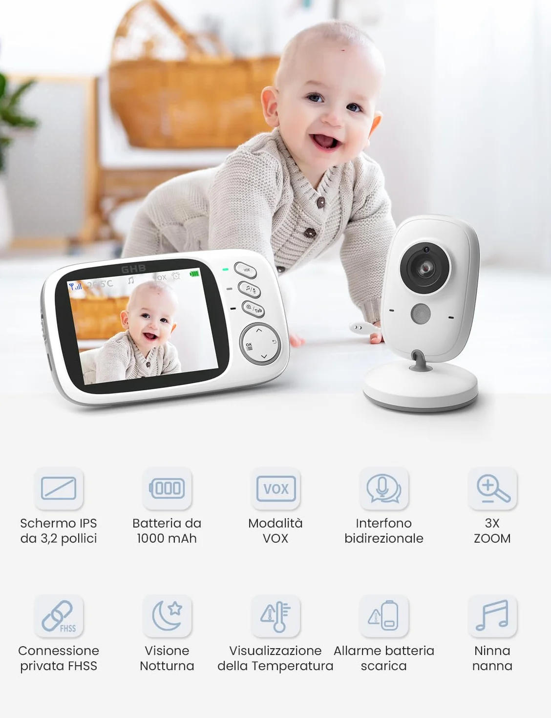 GHB Baby Monitor Video e Audio 3.2'', Telecamera Bambini con Monitor 1000mAh, Visione Notturna, Rilevamento Temperatura, Interfono Bidirezionale, VOX