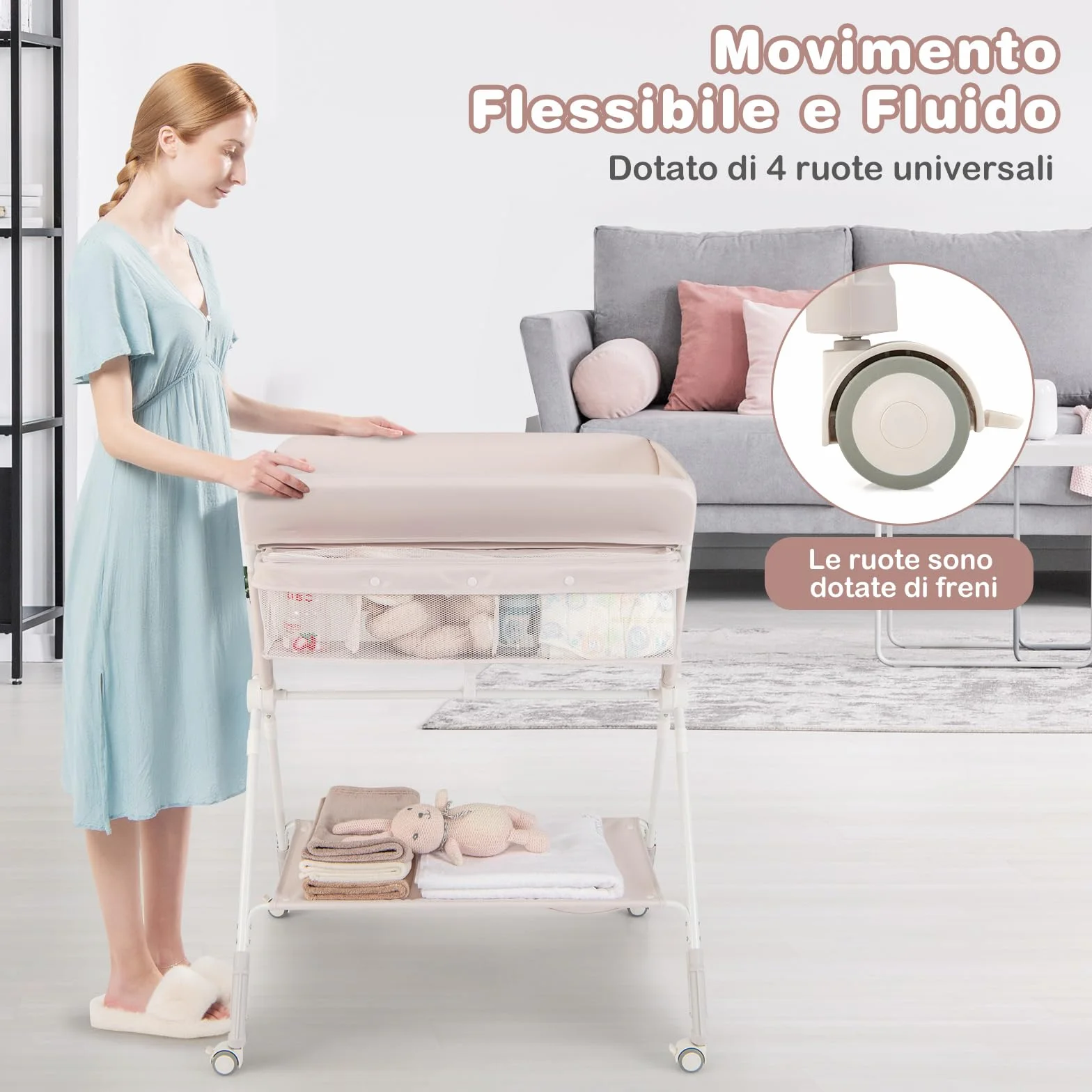 COSTWAY Fasciatoio Pieghevole per Bambini, Altezza Regolabile 3 Livelli, Ruote Bloccabili, Beige