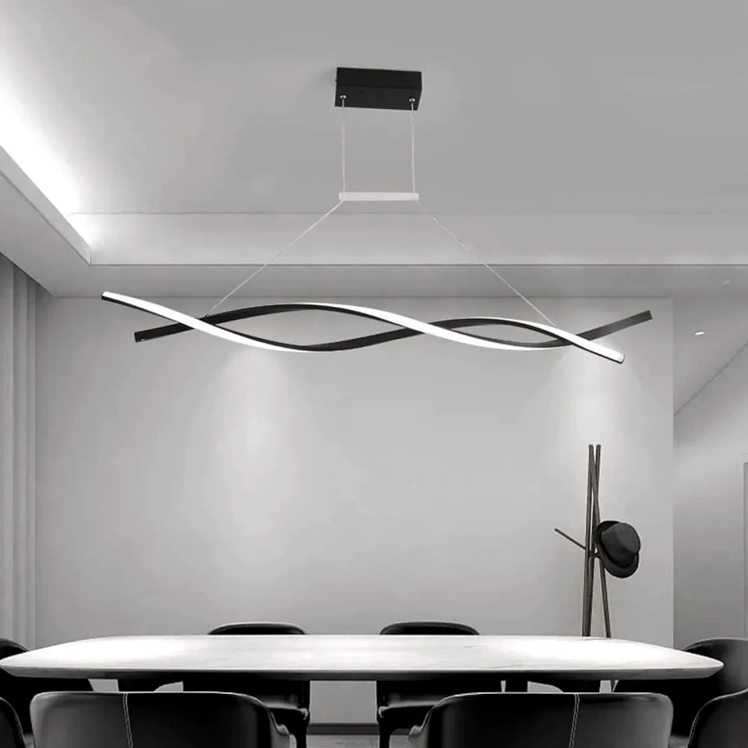 Lampada a Sospensione a LED con Design a Onda, lineare e Regolabile, Stile Nordico, Moderna, a Spirale, per Cucina, Isola, Tavolo da Pranzo, Soggiorno, Nero + dimmerazione Continua, 80 cm