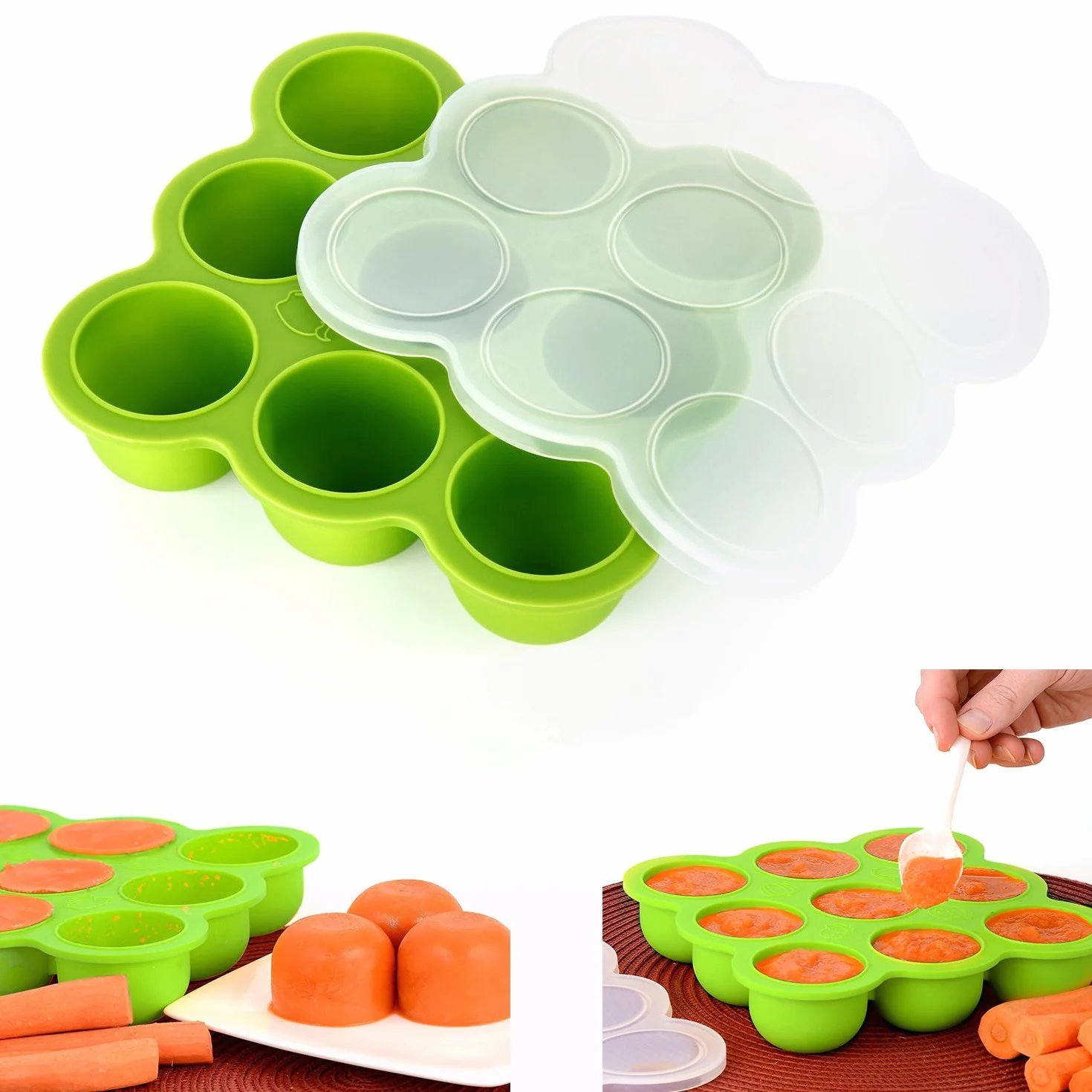 Contenitore Pappa Silicone per Bimbi con 9 Stampini - Contenitore Freezer Coperchio Rimovibile Verde